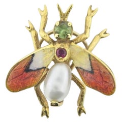 Used Buccellati 18k Gold Insect with Pearl, Ruby & Enamel