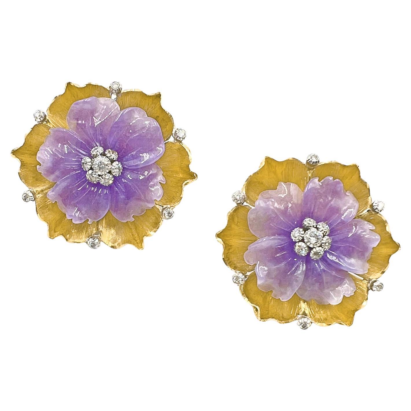 Buccellati 18k Gold Lavender Jade Diamond Flower Earrings