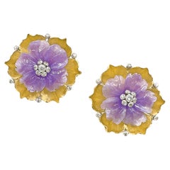 Buccellati 18k Gold Lavender Jade Diamond Flower Earrings