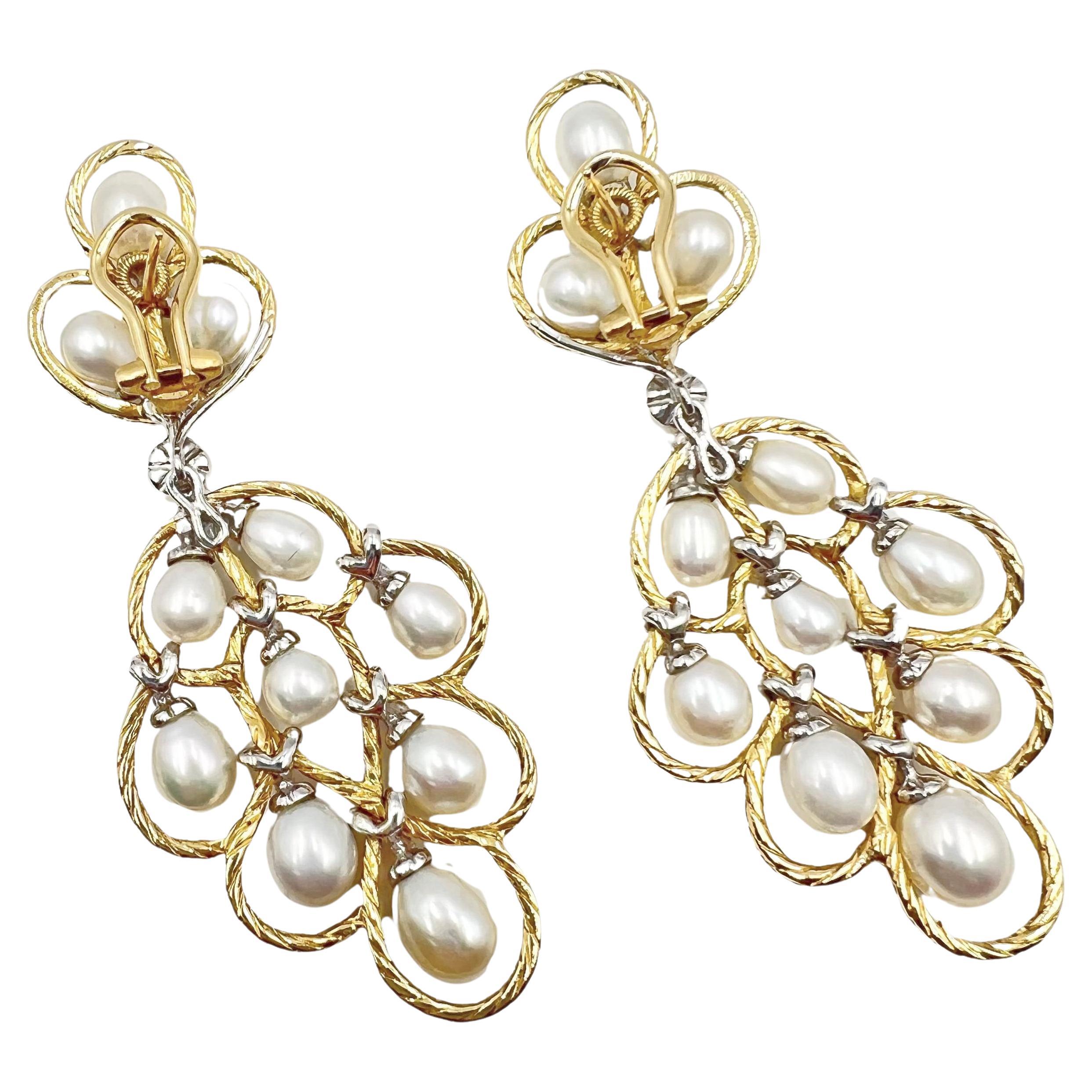 Bead Buccellati 18k Gold Rete Pearl Chandelier Earrings