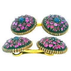Gemelli Buccellati in oro e argento 18k con pavé di zaffiri rosa e blu al centro