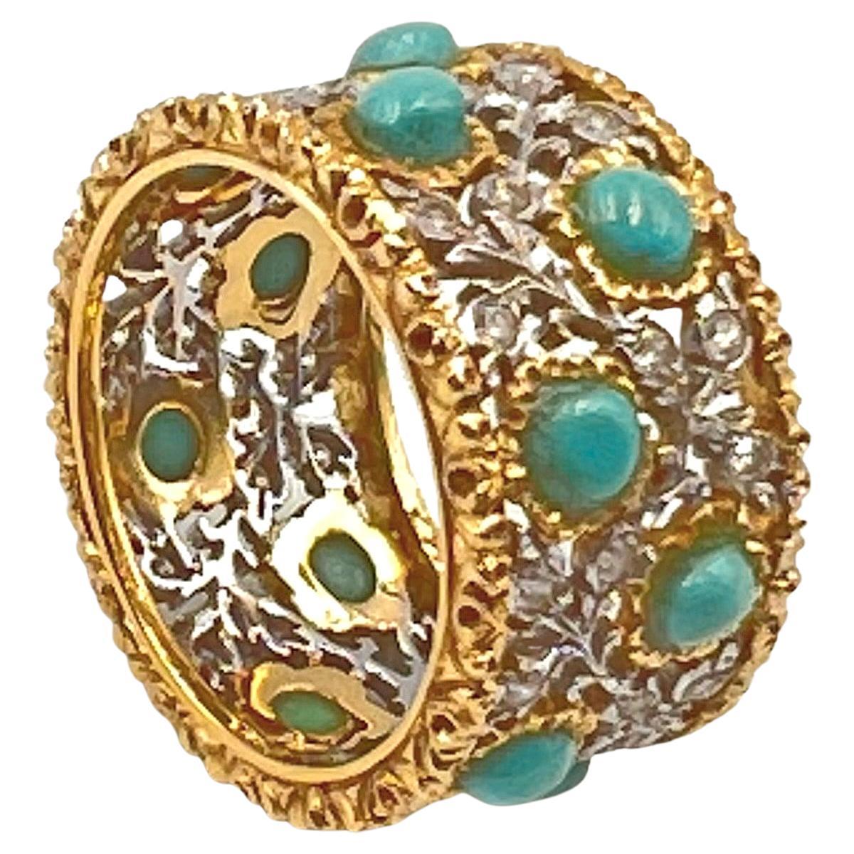 Modern Buccellati 18k Gold Turquoise Diamond Band Ring