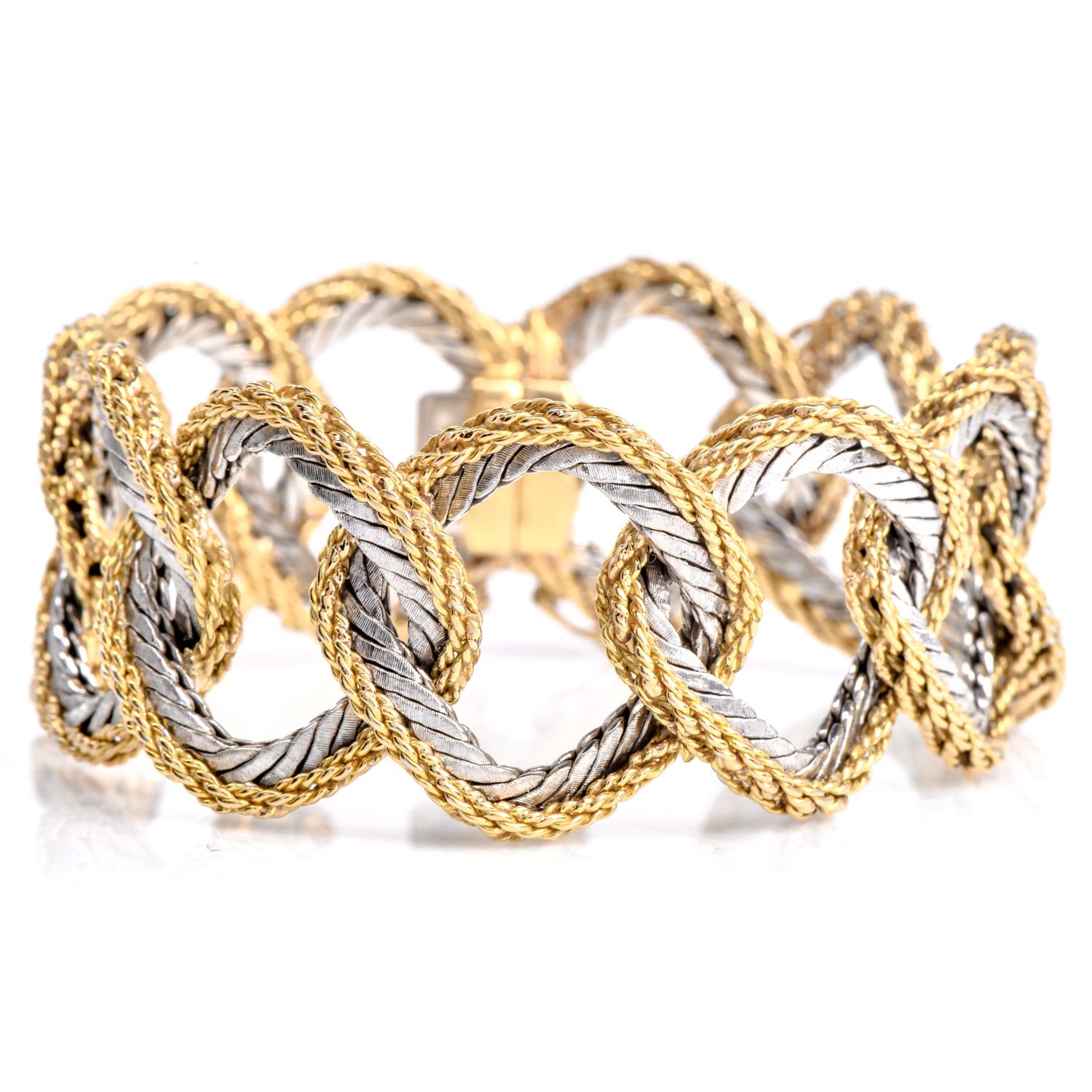 Presenting this vintage Buccellati bracelet crafted from the finest 18K yellow and white gold. This bracelet showcases the mastery of Bucchellati artisanship, featuring captivating borders intricately woven in yellow gold with flattened cushion