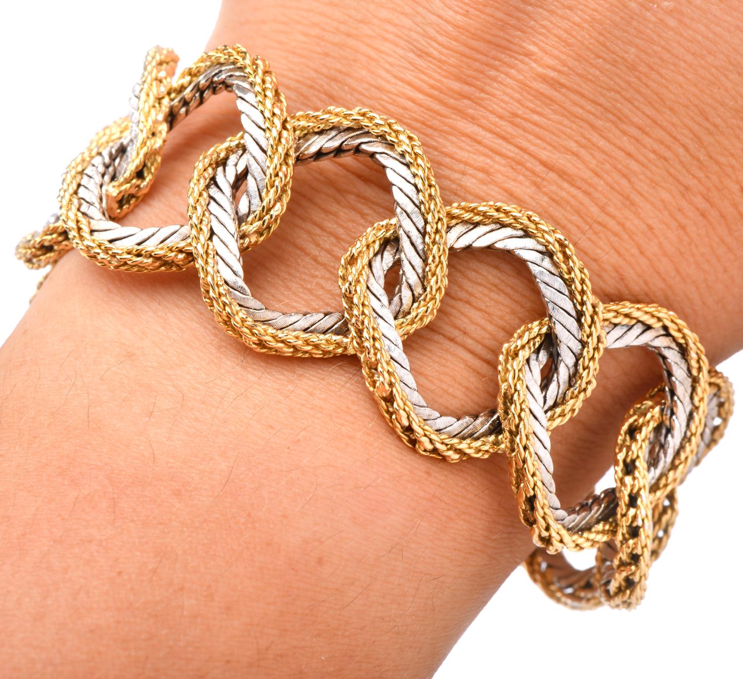 Women's or Men's Buccellati 18K Gold Two-tone Braided Wide Link Bracelet