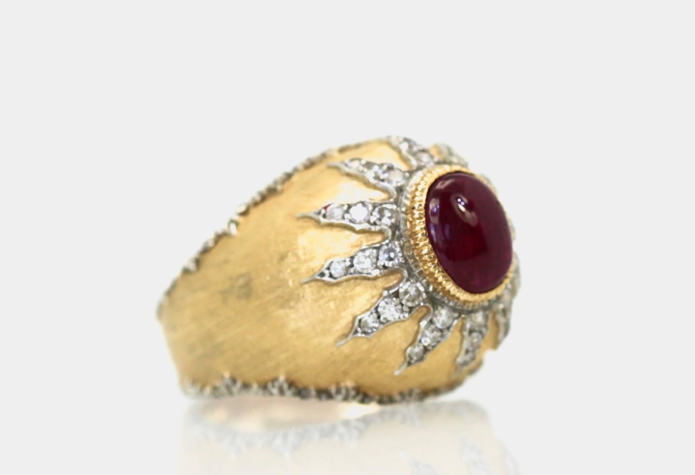 This gorgeous ring is classic Buccellati in a bombe shape with a 12.55mm rise above the finger. It features a 2 carat center ruby with a 2 carat diamond starburst surround. Made in Italy.

Weight: 11.6 grams 
Size: 6 3/4 
Metal: 18k yellow gold
