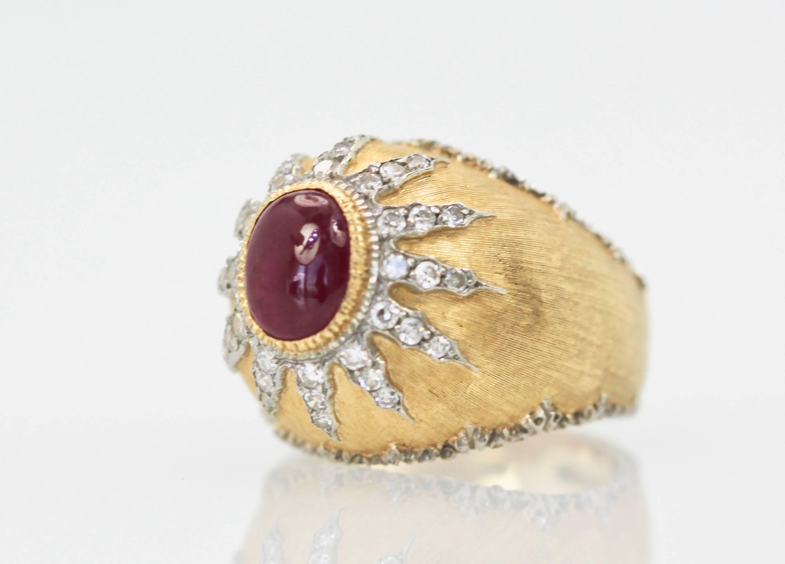 Modern Buccellati 18 Karat Textured Brushed Gold Diamond Ruby Cabochon Ring