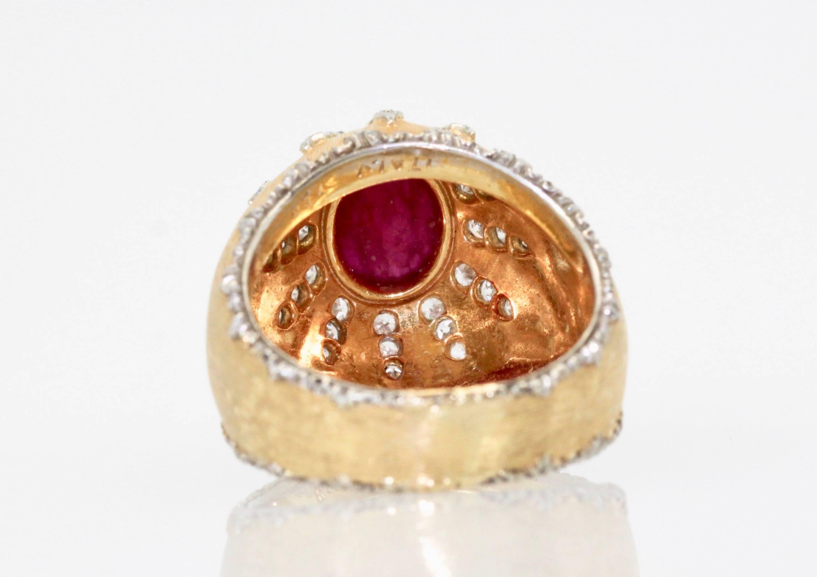 Oval Cut Buccellati 18 Karat Textured Brushed Gold Diamond Ruby Cabochon Ring