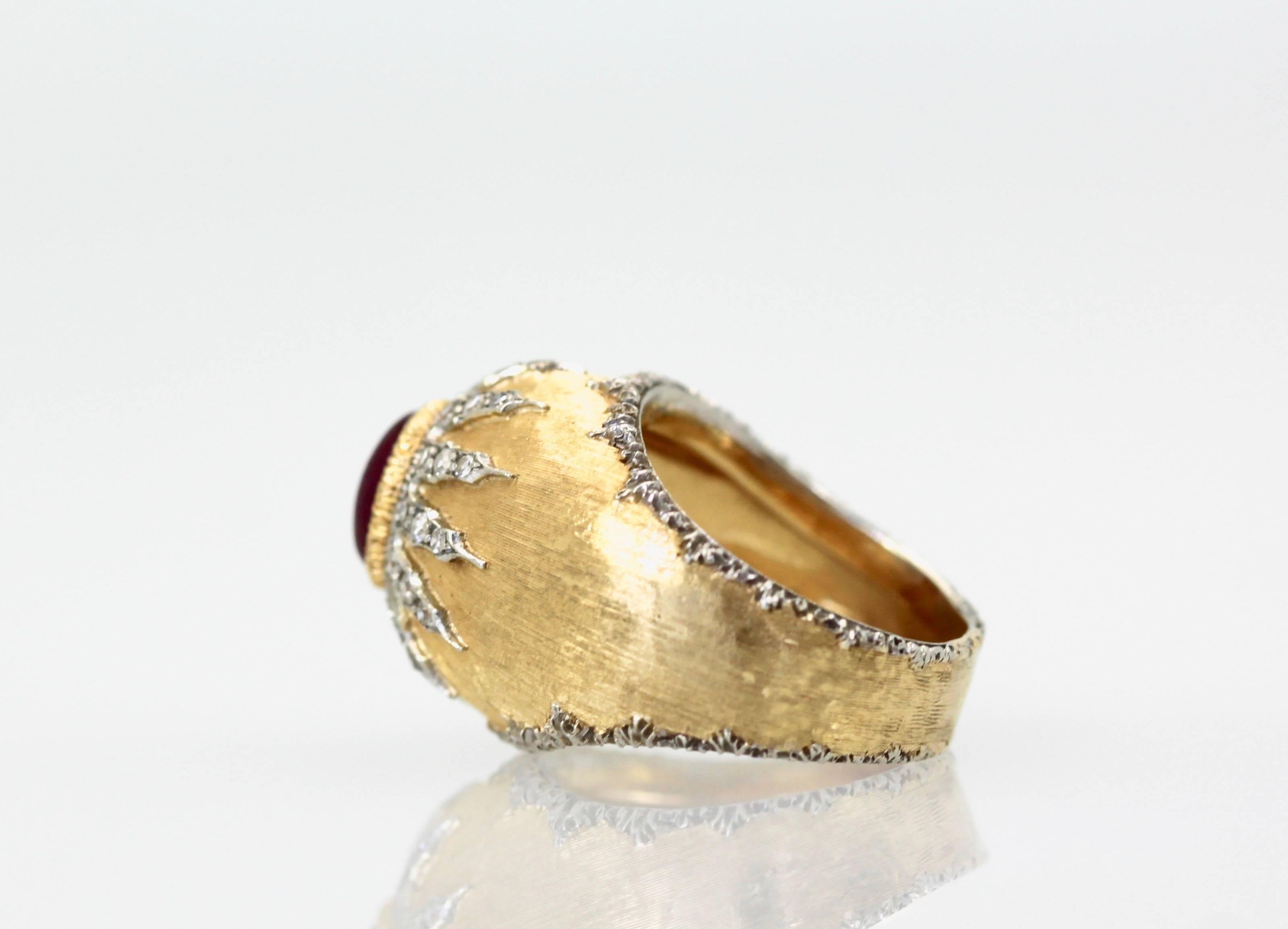 Women's or Men's Buccellati 18 Karat Textured Brushed Gold Diamond Ruby Cabochon Ring