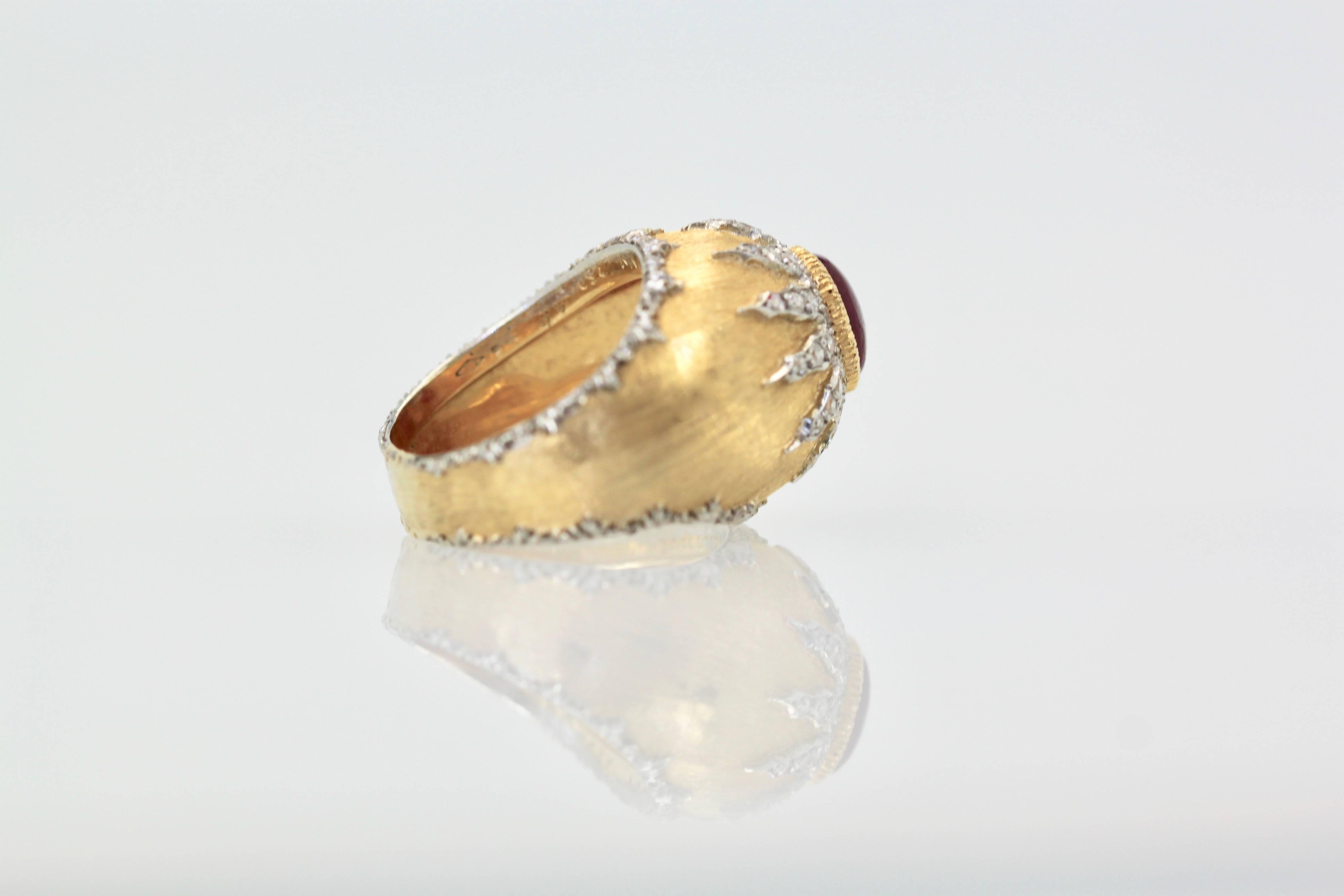 Buccellati 18 Karat Textured Brushed Gold Diamond Ruby Cabochon Ring 1
