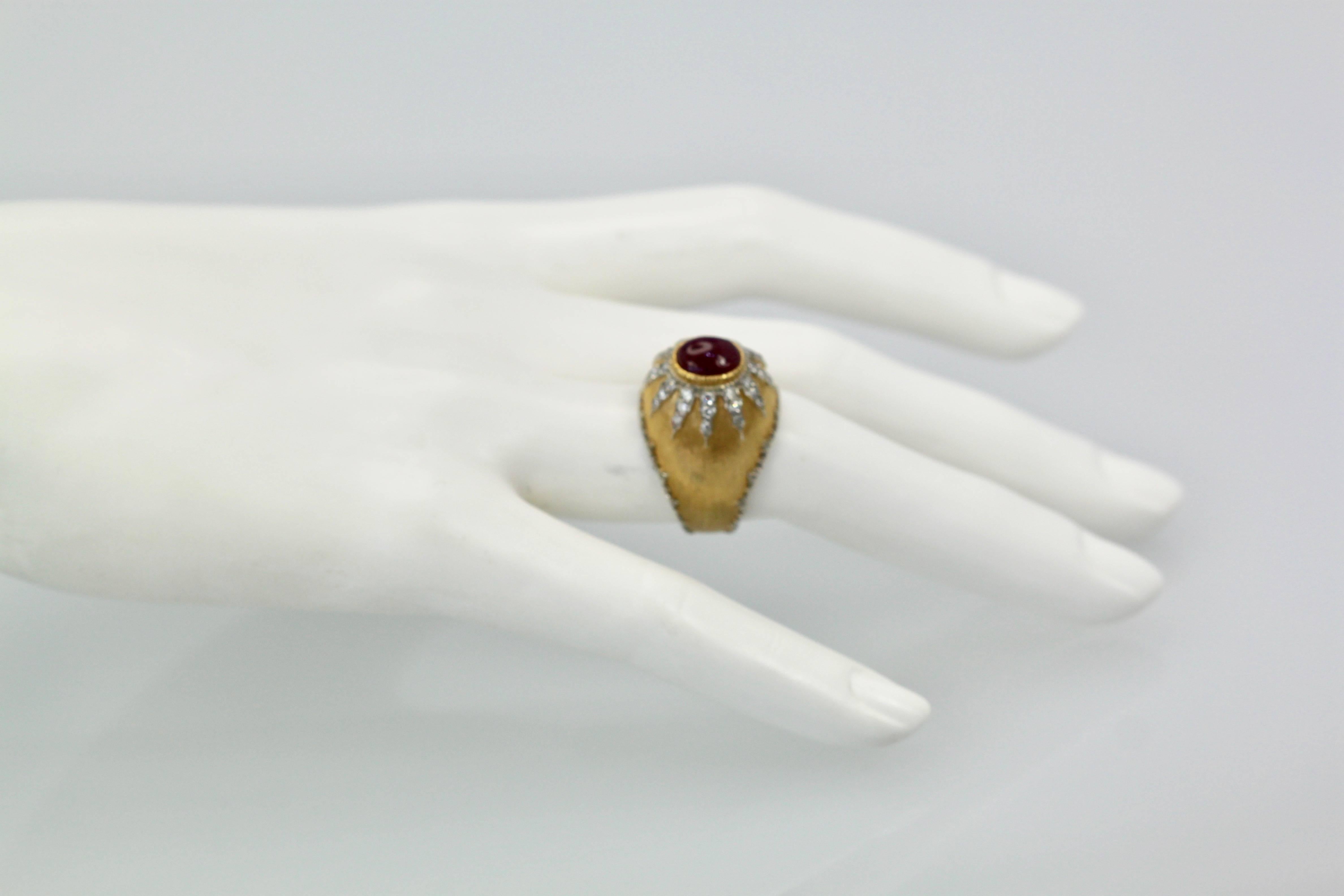 Buccellati 18 Karat Textured Brushed Gold Diamond Ruby Cabochon Ring 2