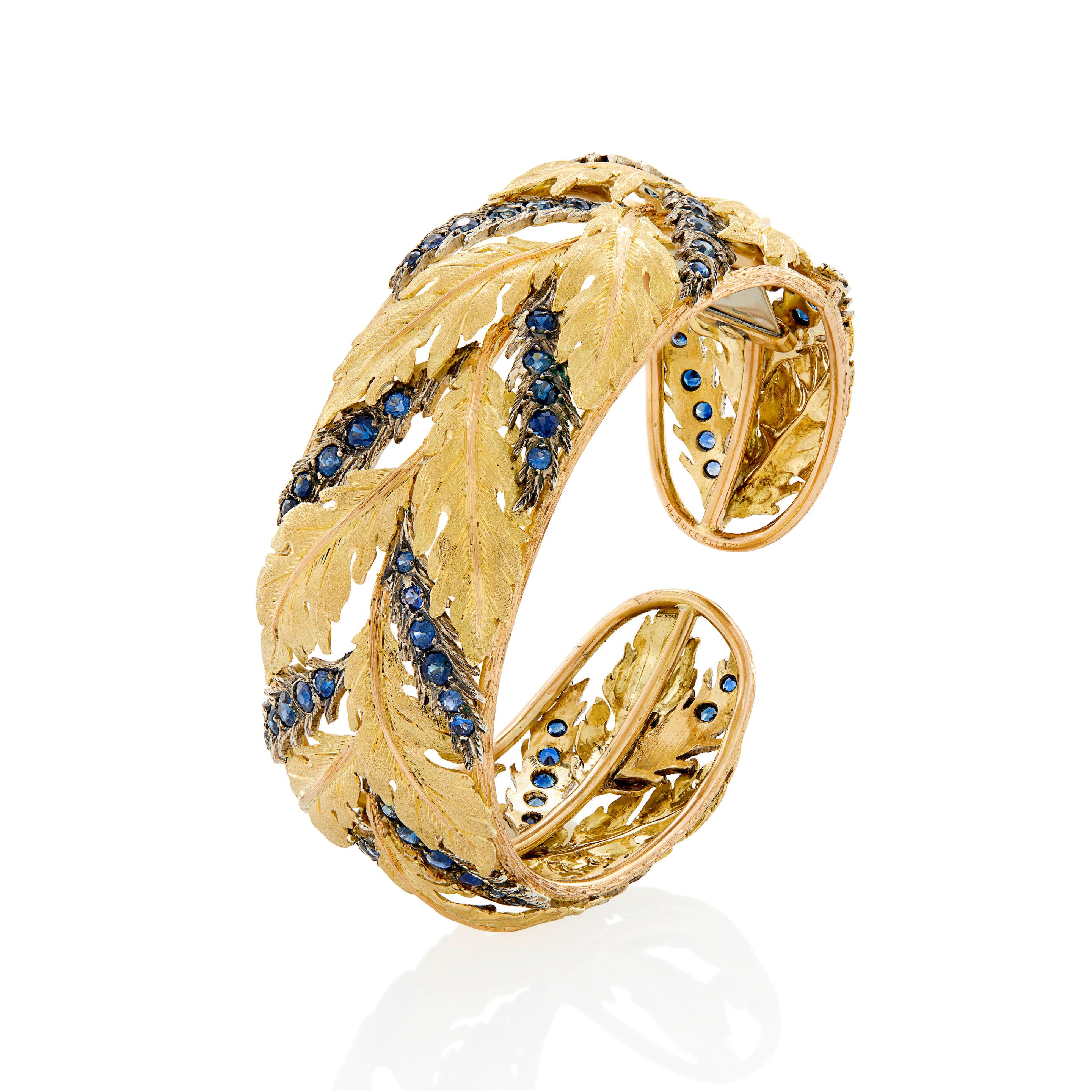 Round Cut Buccellati 18k Tri-Color Gold Foliate Design Cuff with Blue Sapphires, Size 6.5 For Sale