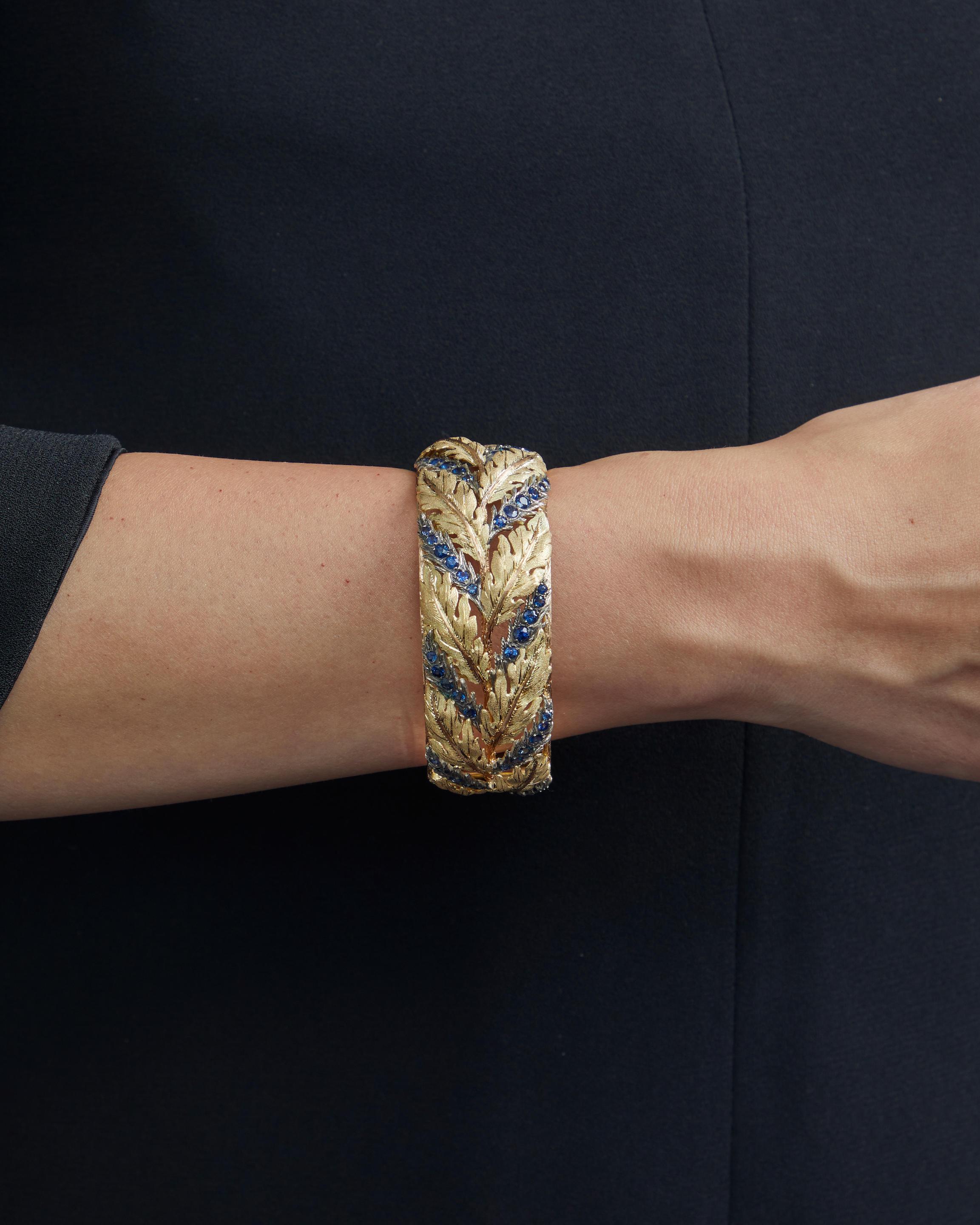 Buccellati 18k Tri-Color Gold Foliate Design Cuff with Blue Sapphires, Size 6.5 In Good Condition For Sale In Sherman Oaks, CA