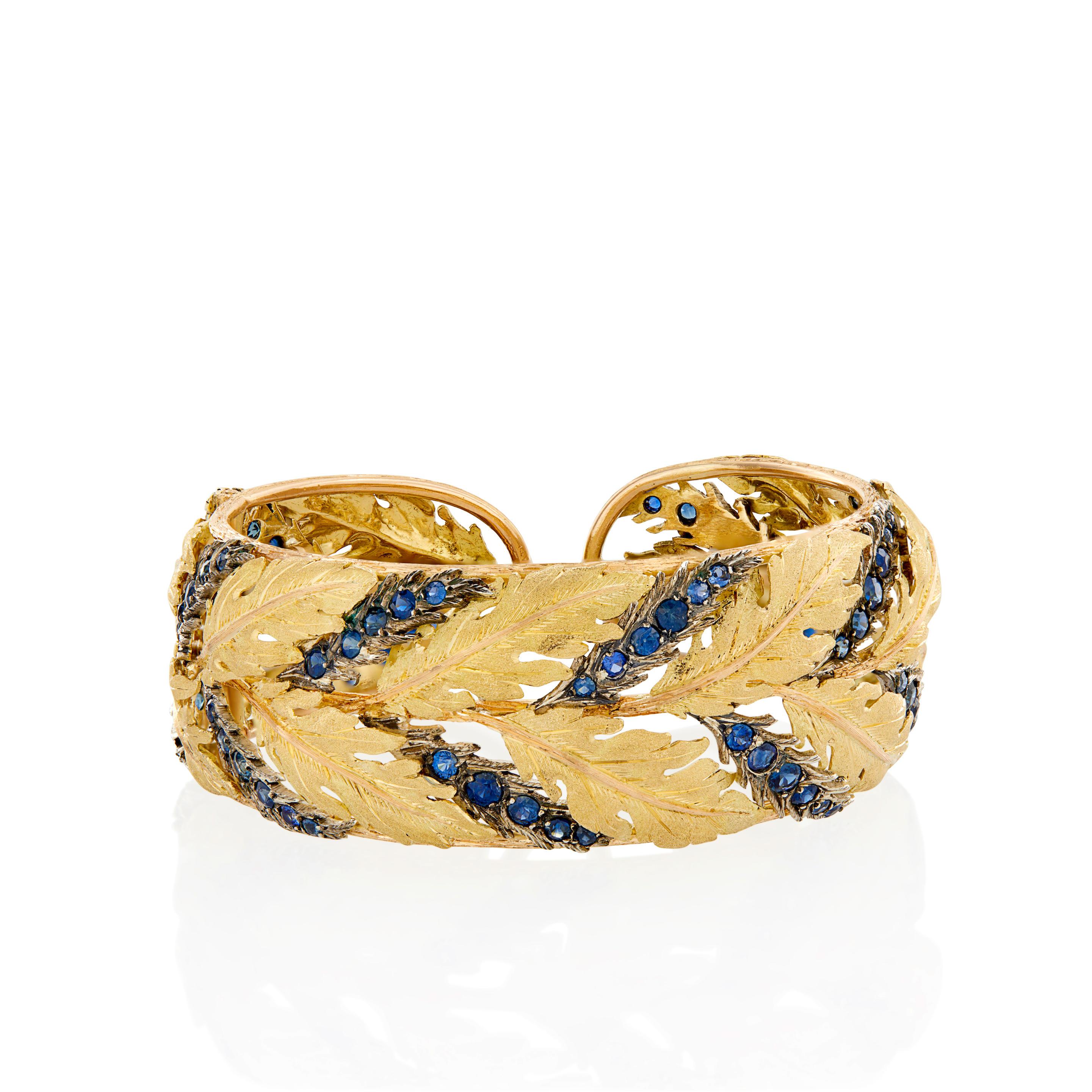 Buccellati 18k Tri-Color Gold Foliate Design Cuff with Blue Sapphires, Size 6.5 For Sale 3
