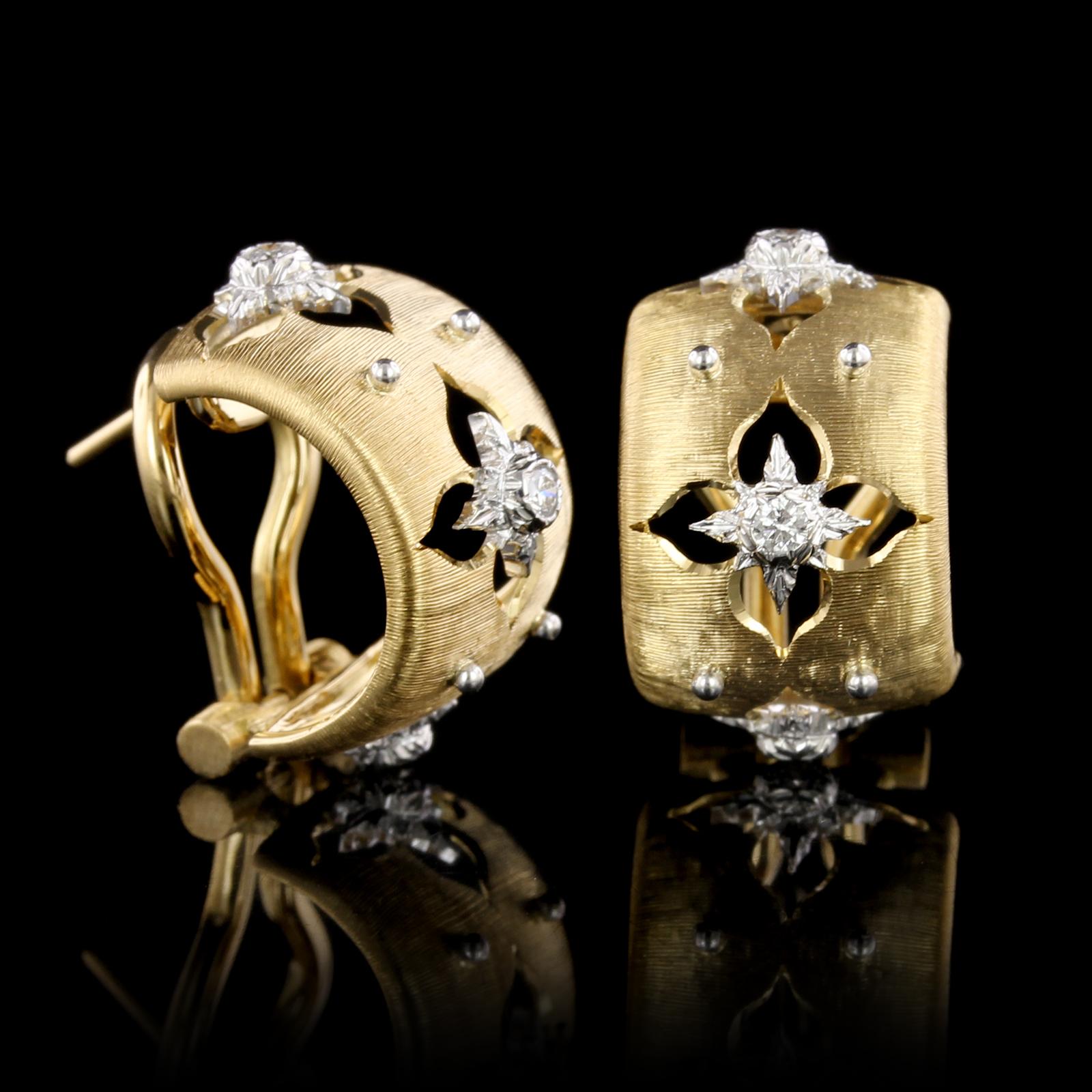 Buccellati 18K Two-tone Gold Diamond Macri Giglio Hoop Earrings. The earrings a
are set with six full cut diamond accents, length 1/2