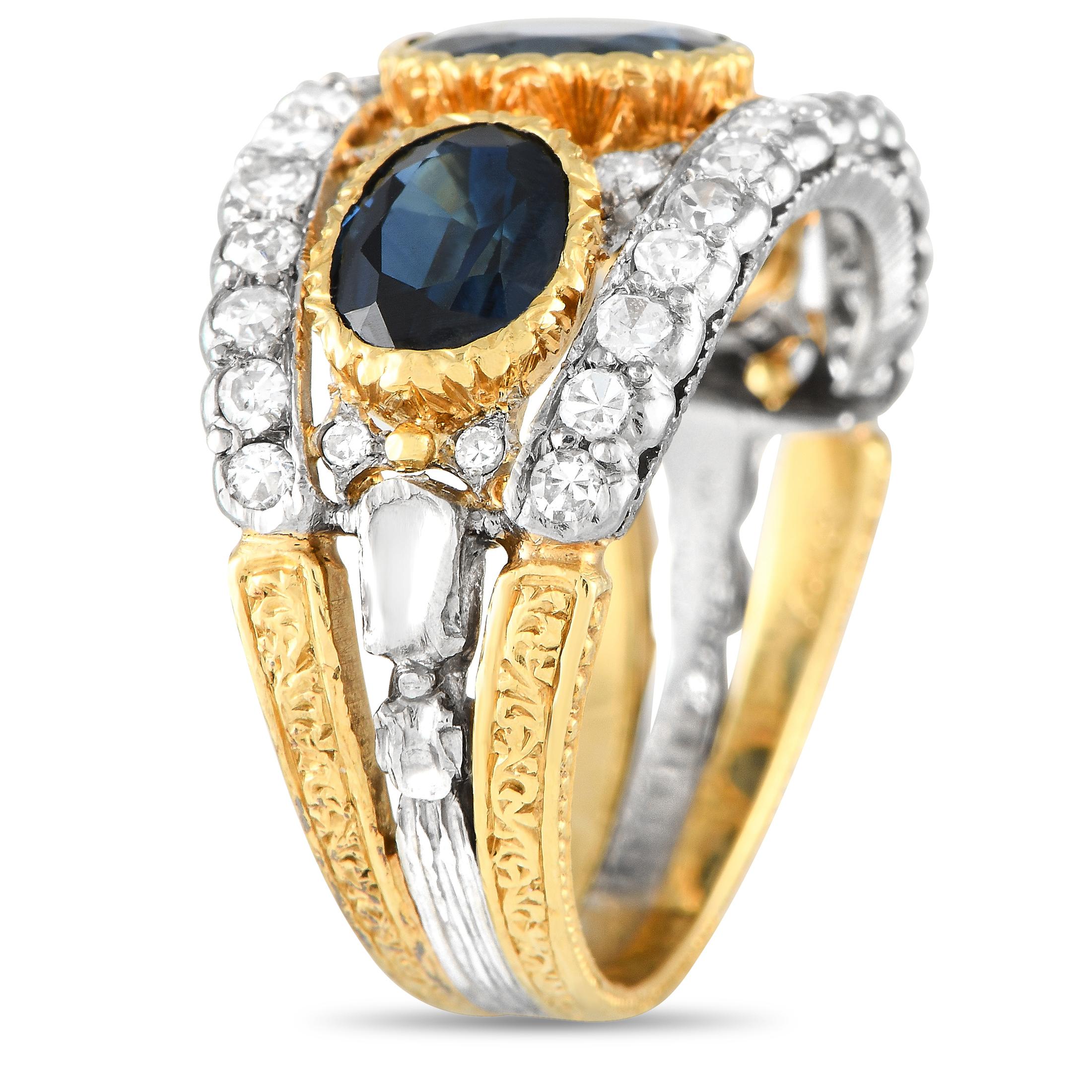 This Buccelati ring will serve as a breathtaking addition to any luxury jewelry collection. Captivating Sapphires with a total weight of 2.50 carats make a statement at the center of the two-toned setting, which is crafted from a combination of 18K