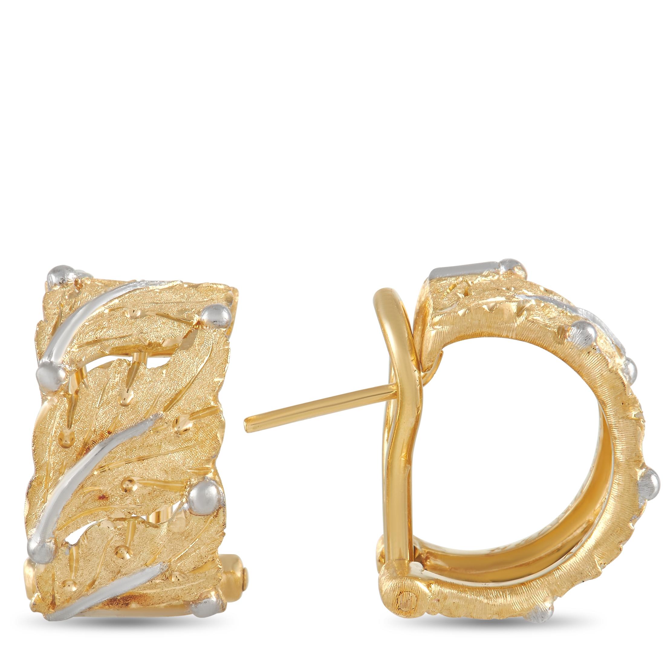 Organic forms and a multitude of textures come together in perfect harmony on these stunning Buccellati earrings. Shimmering 18K white gold is beautifully juxtaposed with lustrous 18K yellow gold, while artistic leaf motifs make them endlessly