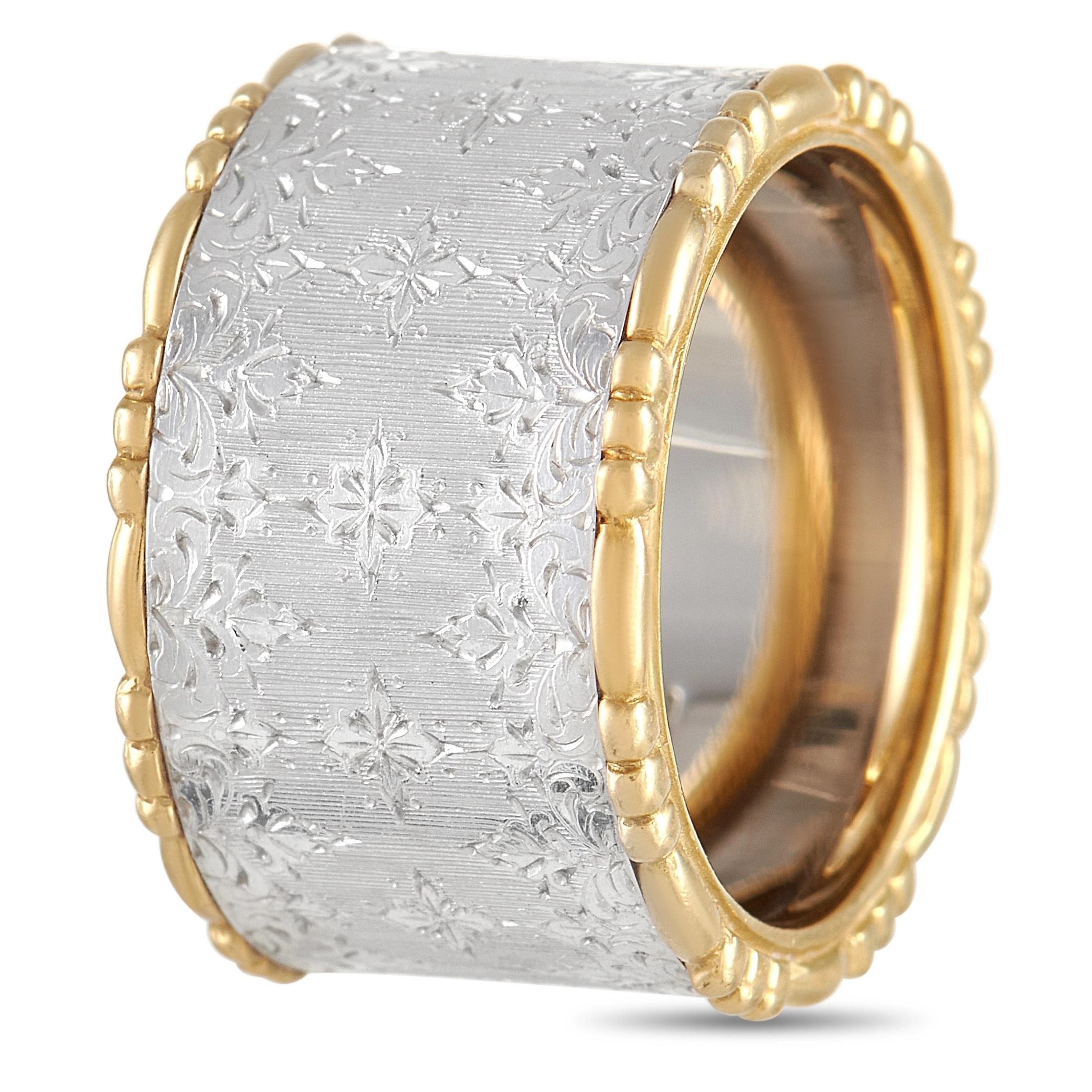 This Buccellati 18K White Gold & 18K Yellow Gold Wide Band Ring is a two-toned jewel you won't regret adding to your collection. This 11mm band features a wide white gold shank that has the 