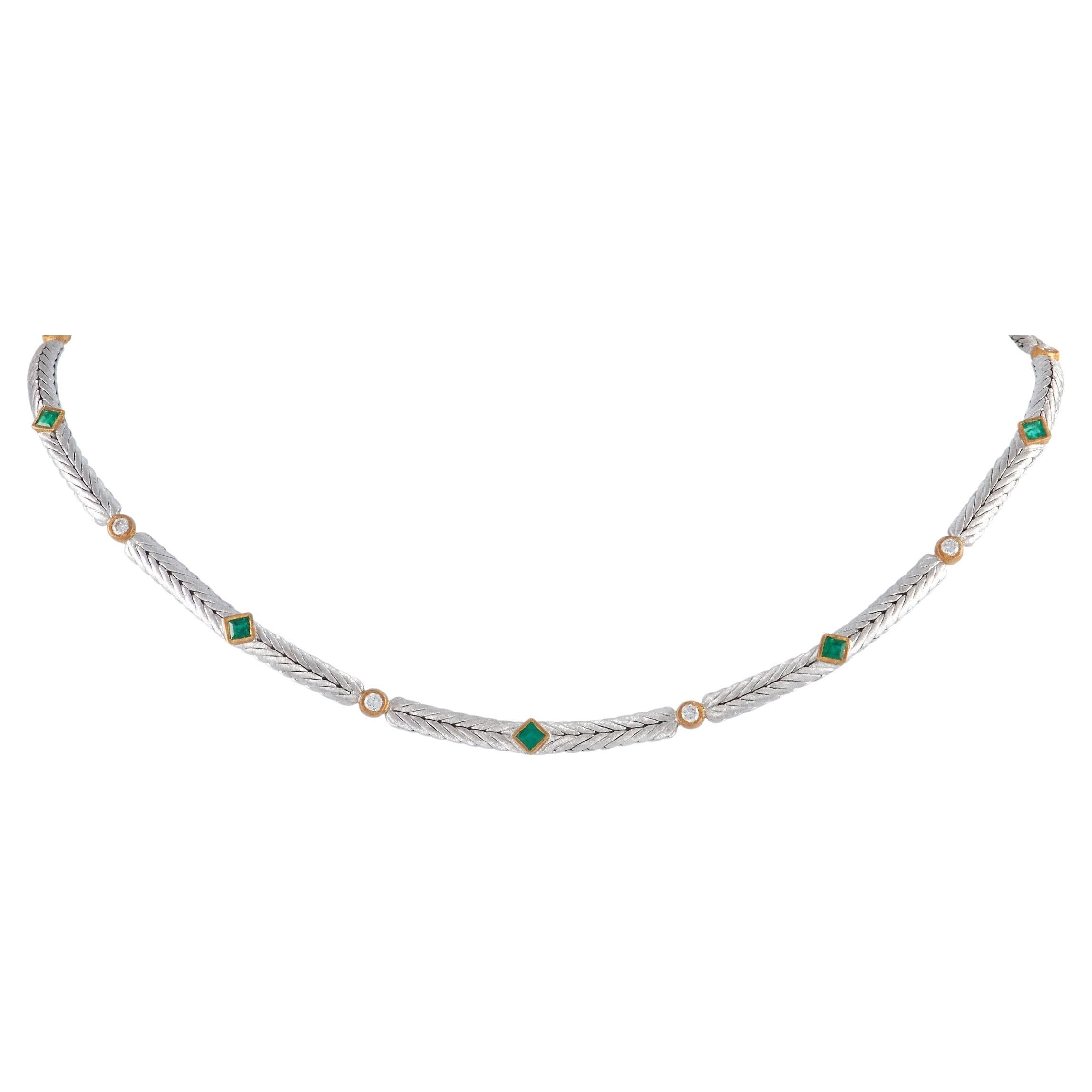 Buccellati 18K White Gold Diamond and Emerald Necklace