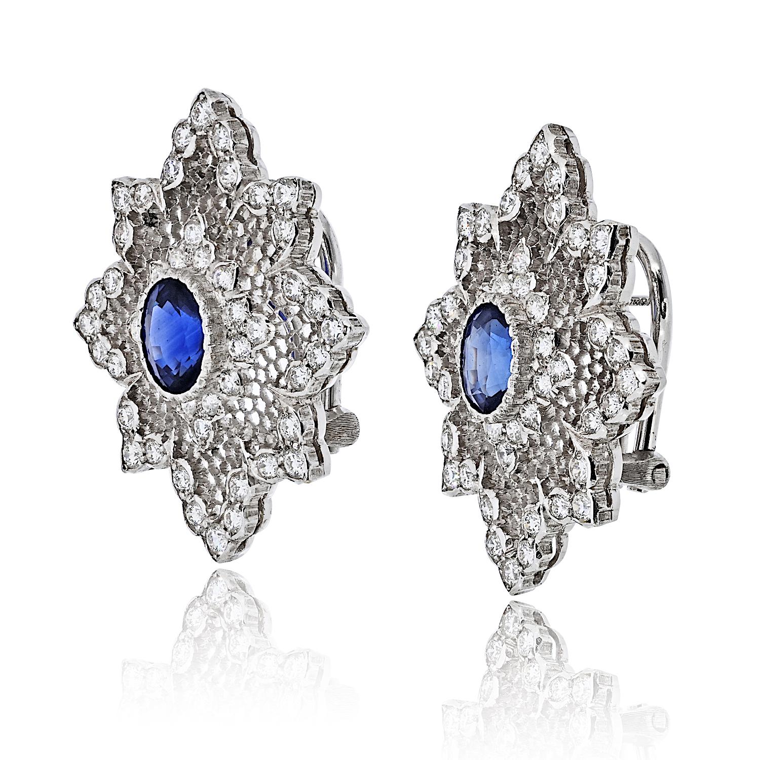 Buccellati 18K Weißgold Diamant und Saphir Spitze Ohrringe (Ovalschliff) im Angebot