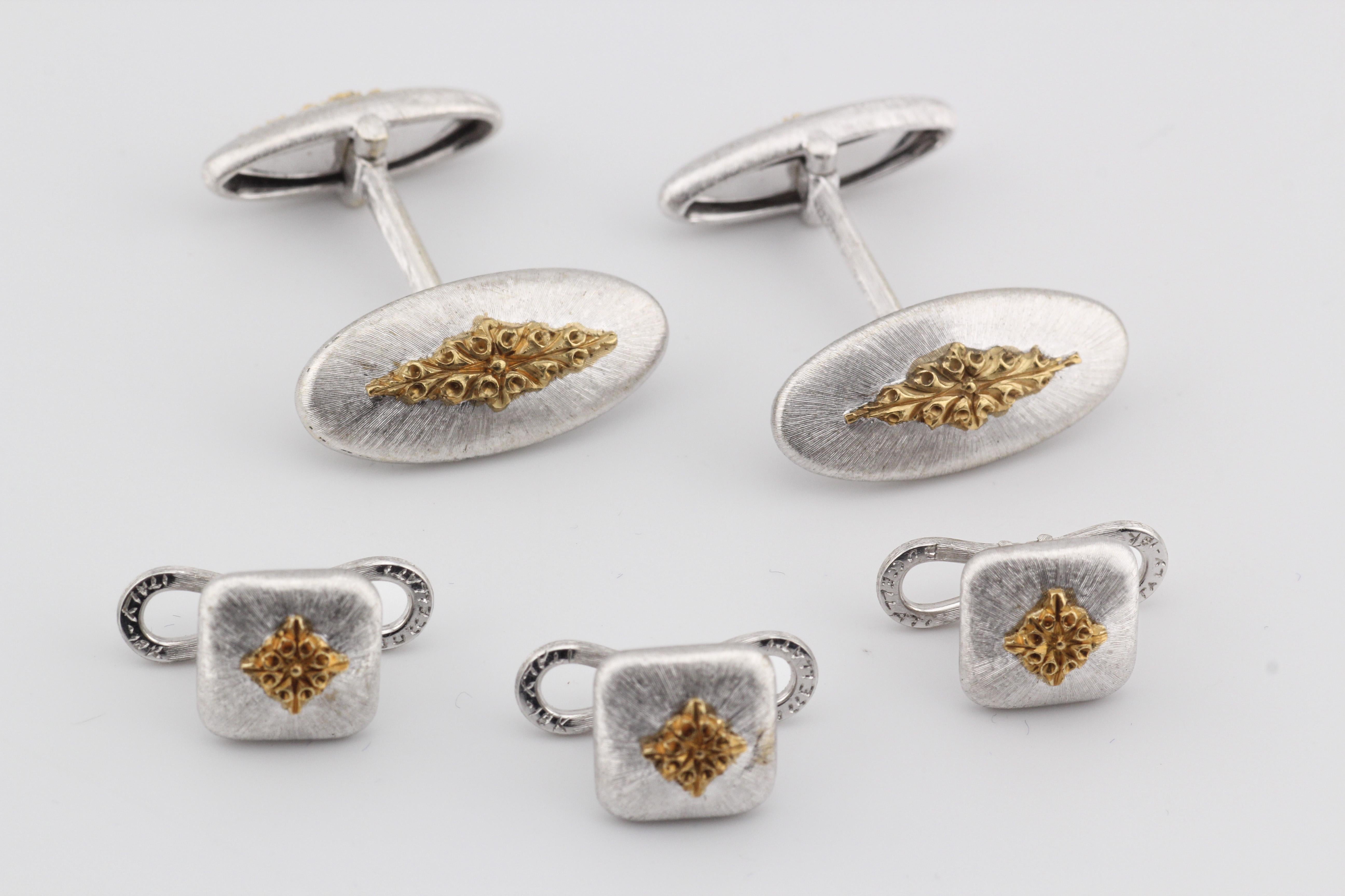 Introducing a fusion of opulence and sophistication, the Buccellati 18K White Gold Cufflinks and 3 Studs Set adorned with 18K Yellow Gold Inlay Design redefine luxury in men's accessories. Crafted with the utmost precision and artistry by the