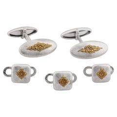 Vintage Buccellati 18K White Yellow Gold Cufflinks 3 Studs Set