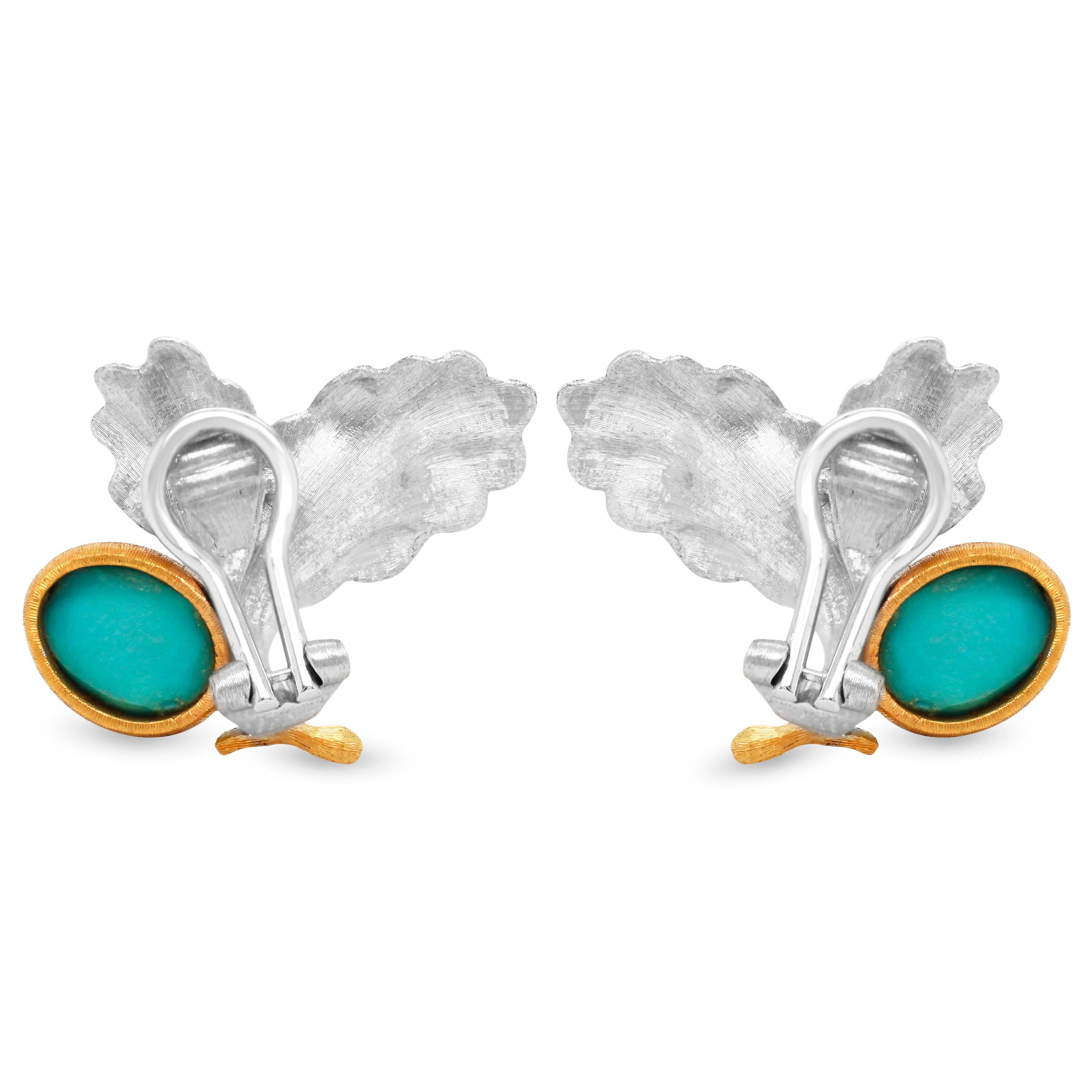 Buccellati 18 Karat White Yellow Gold Turquoise Floral Leaf Motif Earrings In Excellent Condition In Boca Raton, FL