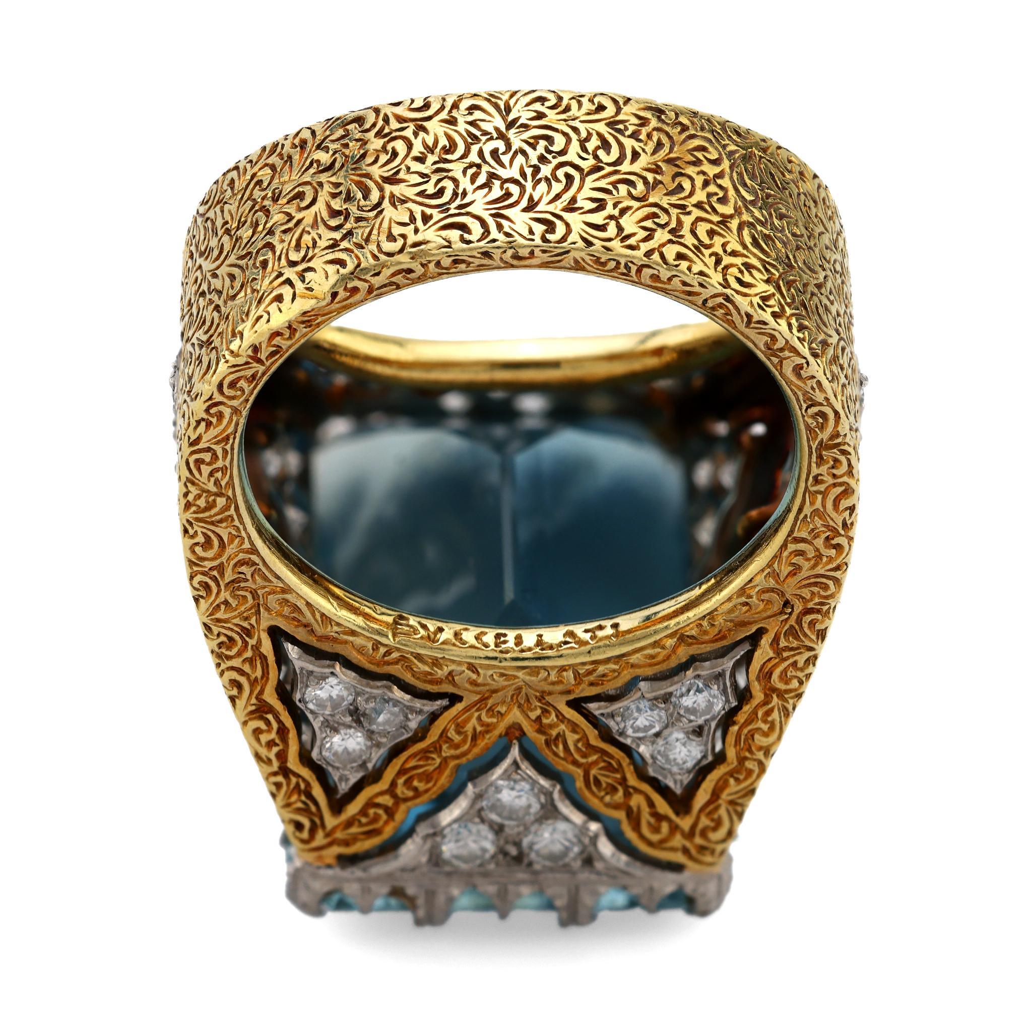 Anillo Buccellati de oro amarillo y blanco de 18 quilates con diamante aguamarina en Excelente Estado en Beverly Hills, CA