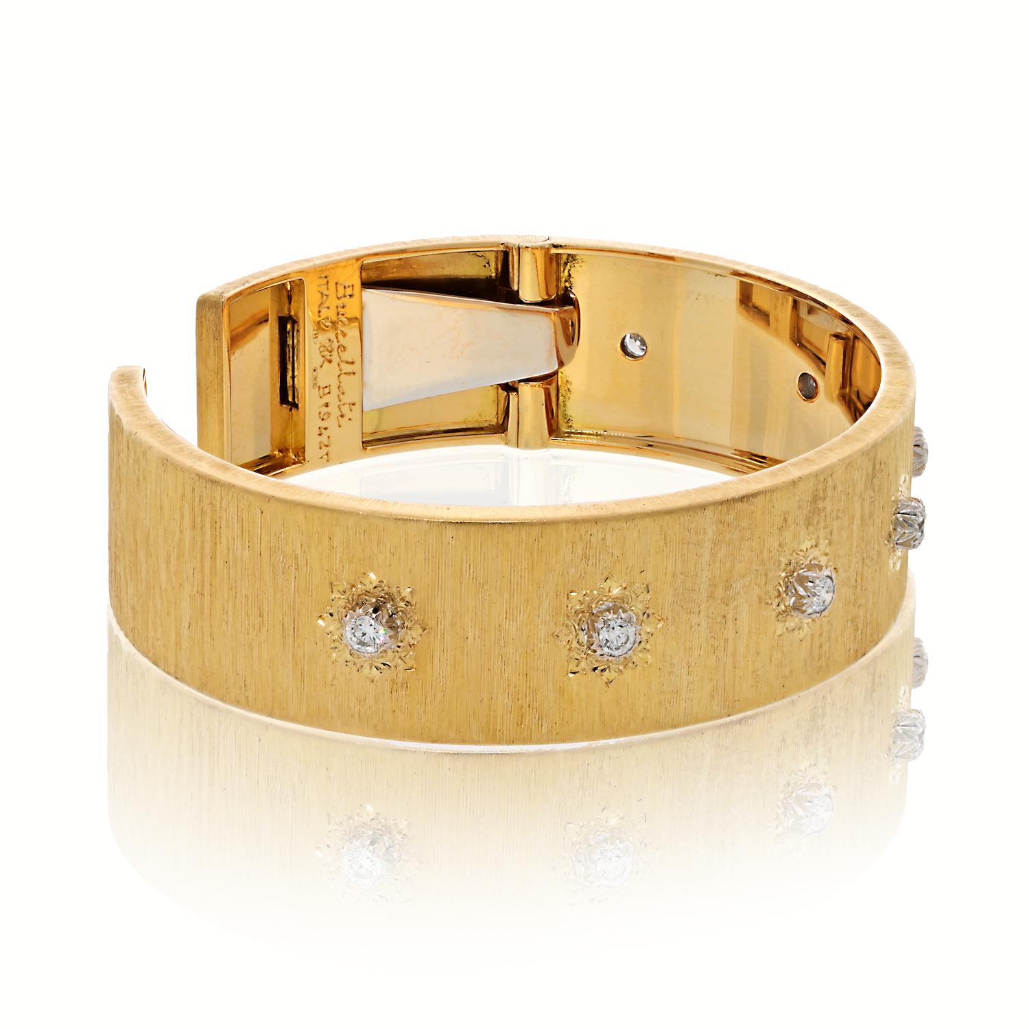 Presenting the exquisite Buccellati 18K Yellow and White Gold Diamond Macri Classica Cuff Bracelet—a masterpiece of elegance and craftsmanship. This iconic design is instantly recognizable, showcasing Buccellati's signature 