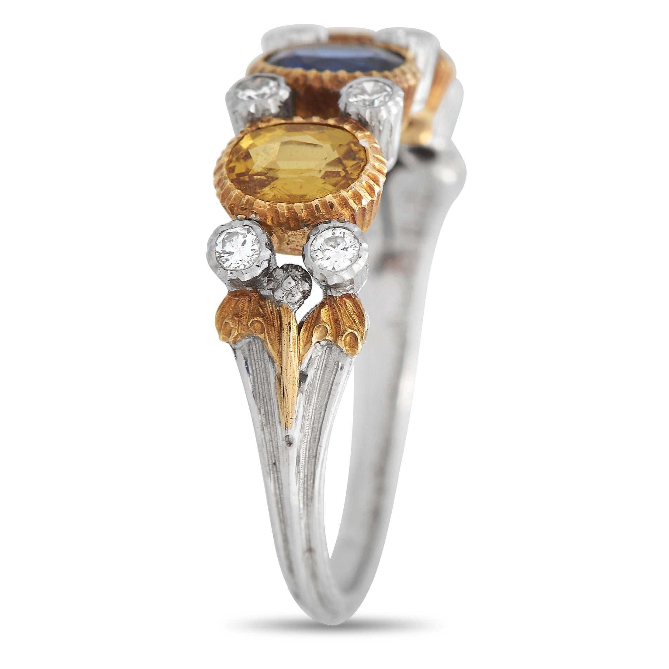 This Buccellati ring boasts an opulent design that exudes old-fashioned elegance. A trio of colorful sapphires totaling 1.19 carats shines from their place within the intricate 18K Yellow Gold setting. Dazzling diamond accents with a total weight of