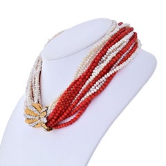 Buccellati 18 Karat Yellow Gold 16 String Coral, Pearl Diamond Clasp Necklace