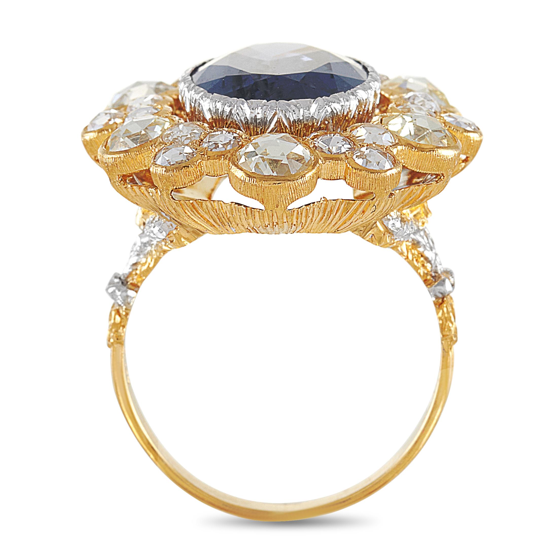 This Buccellati ring is made of 18K yellow gold and embellished with a sapphire that weighs approximately 5.50 carats and with a total of 2.50 carats of diamonds. The ring weighs 9.1 grams and boasts band thickness of 2 mm and top height of 8 mm,