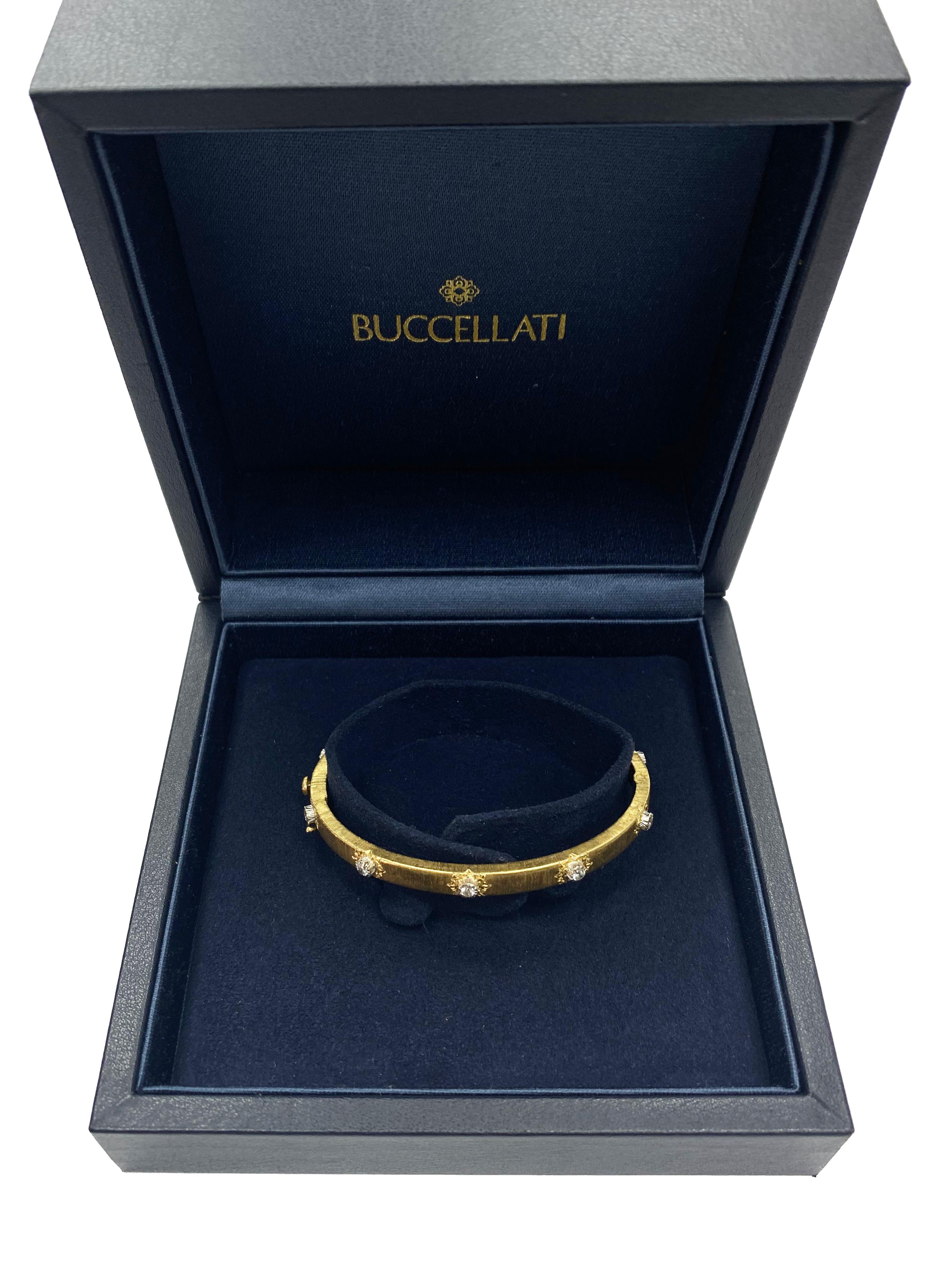Round Cut Buccellati 18k Yellow Gold and Diamond 'Marci Classica' Bangle Bracelet