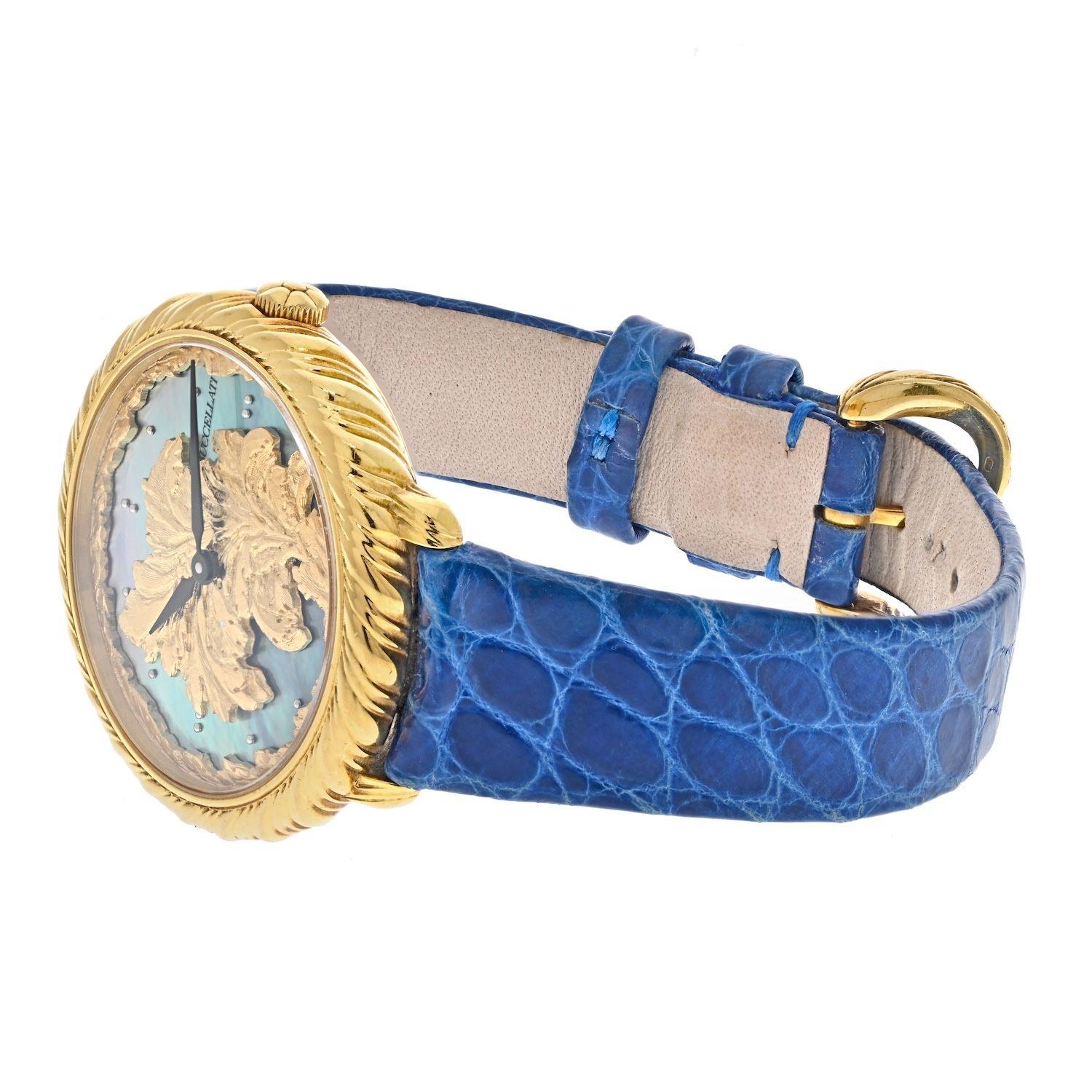 This rare Audachron is comprised of an 18 karat yellow gold case and clasp attached to a sky blue leather strap. This beautiful ladies Buccellati Audachron watch has a quartz movement and mother of pearl dial. The case width is 34mm. 
Reference