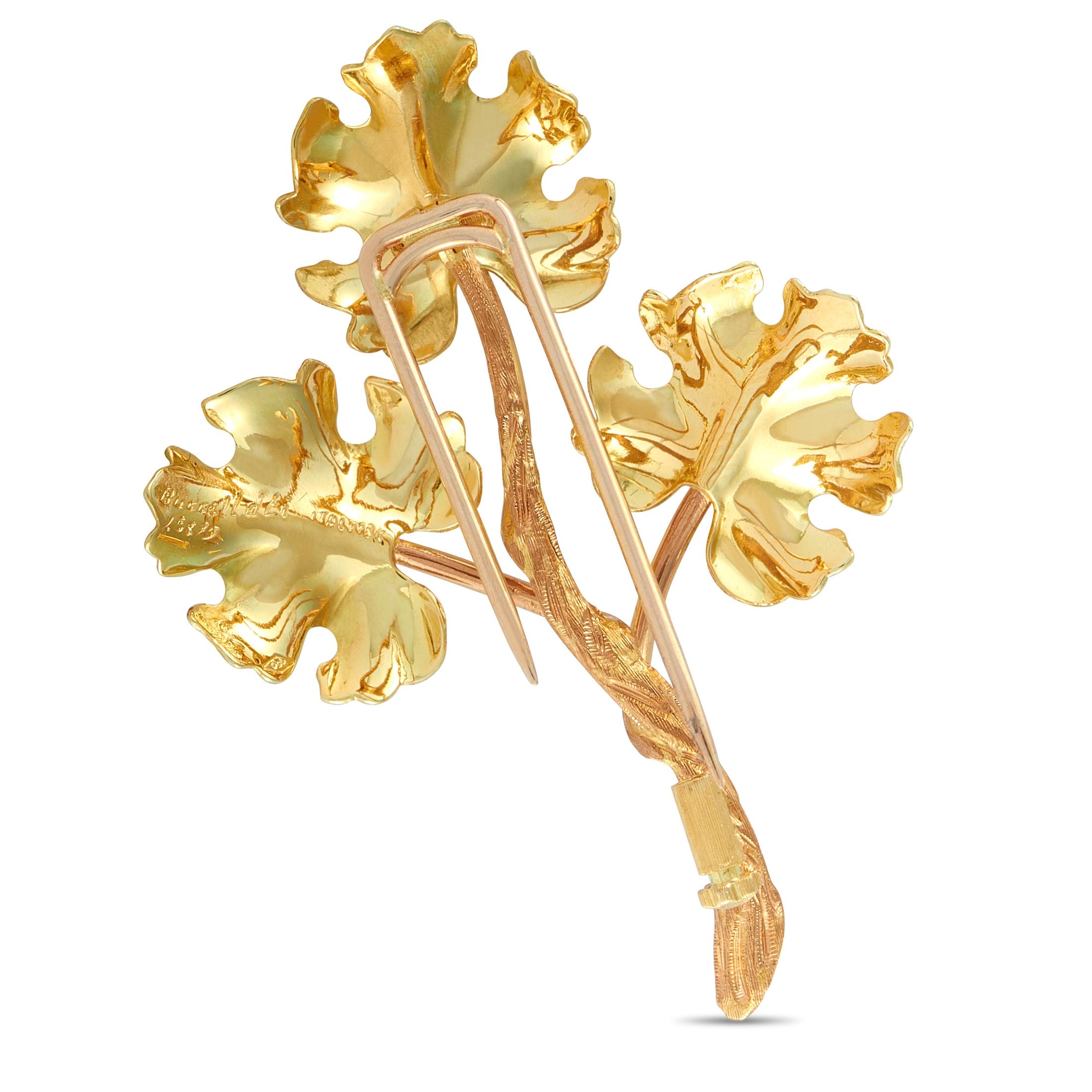 This Buccellati brooch is crafted from 18K yellow gold and weighs 7.5 grams. It measures 1.87” in length and 1.45” in width.
 
 The brooch is offered in estate condition and includes the manufacturer’s box.
