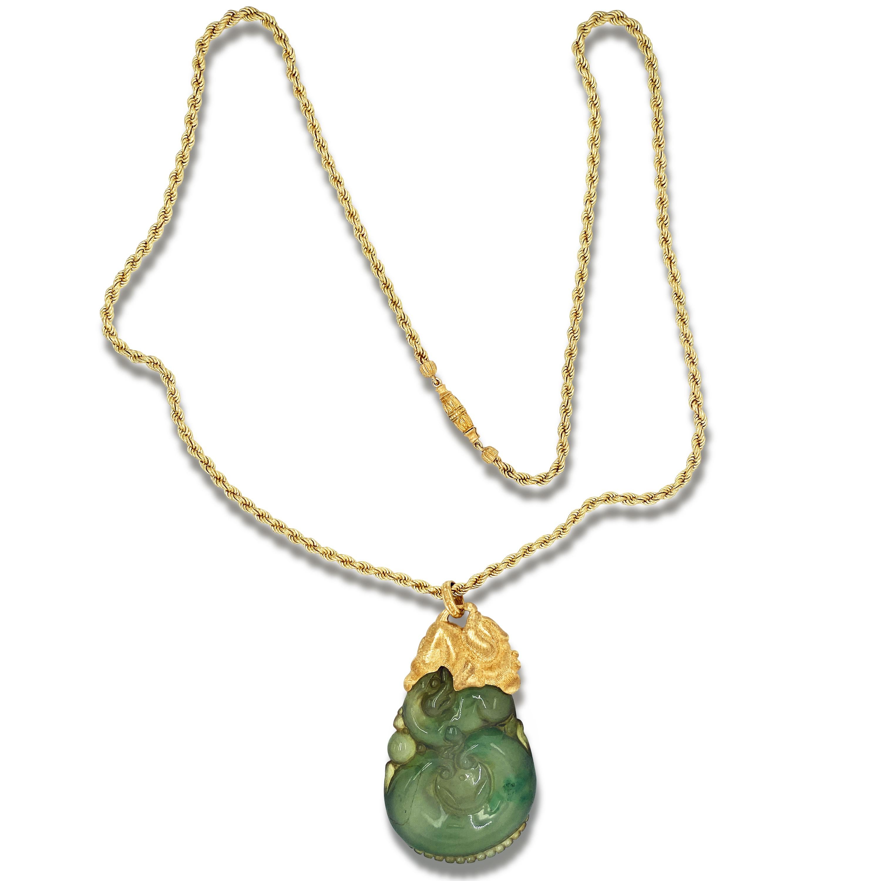 Buccellati 18K Yellow Gold Carved Jade Elephant One of a Kind Pendant Necklace

This one-of-a-kind necklace by Buccelatti showcases a special-carved Jade as an elephant. 

Special rope style chain used by Buccellati on this piece. Chain is 24 inches