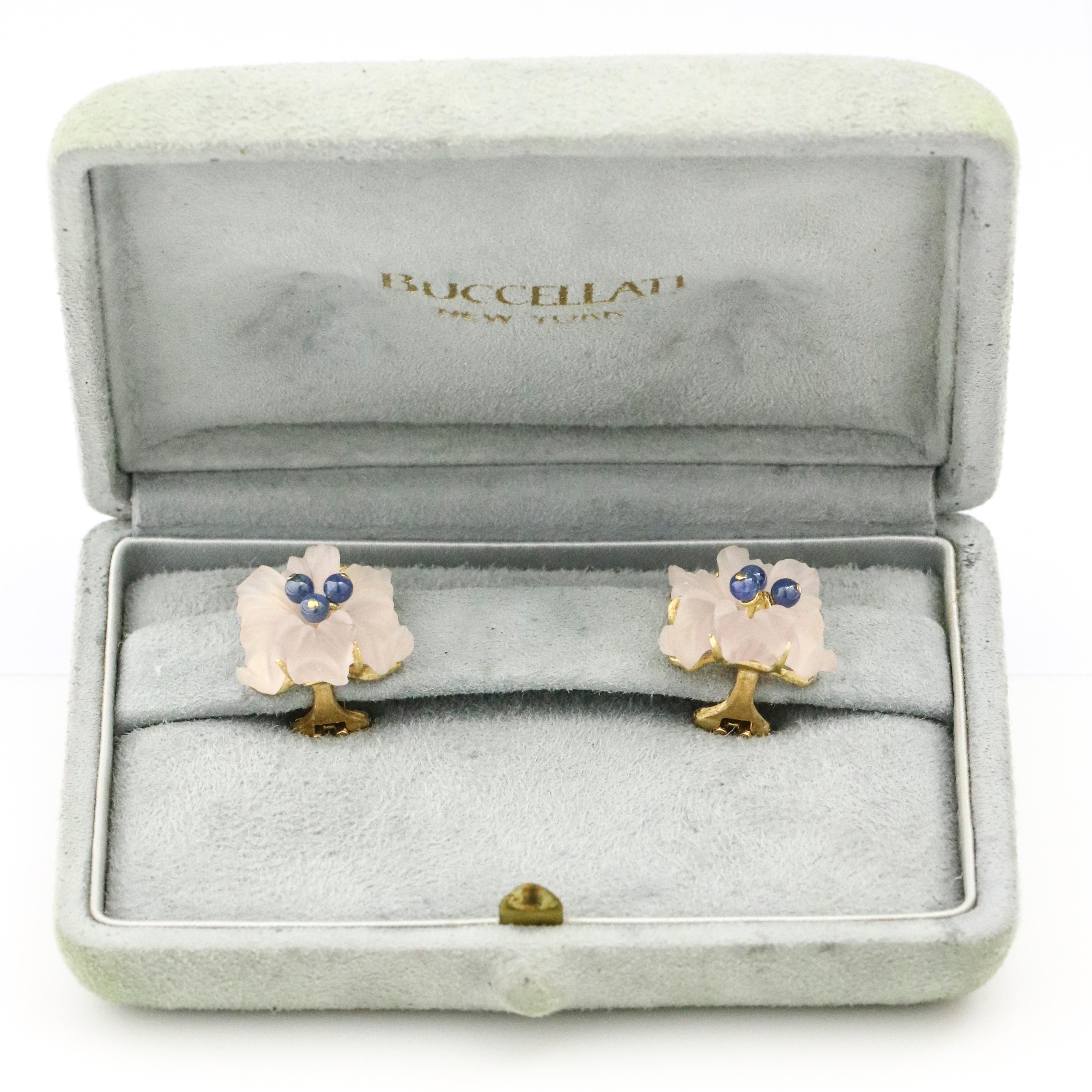 Women's Buccellati 18 Karat Yellow Gold Carved Rose Quartz Sapphire Flower Stud Earrings For Sale
