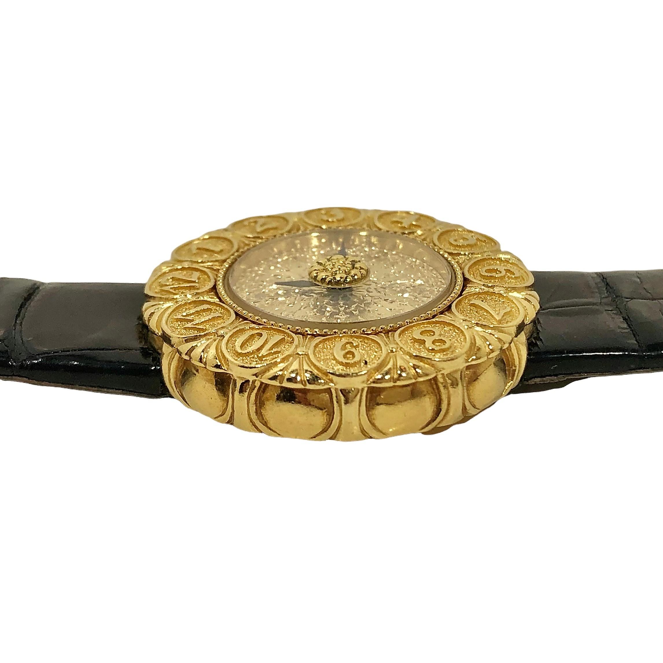 Buccellati: 18 Karat Gelbgold Eliochron-Armbanduhr mit schwarzem Alligatorriemen im Zustand „Gut“ in Palm Beach, FL
