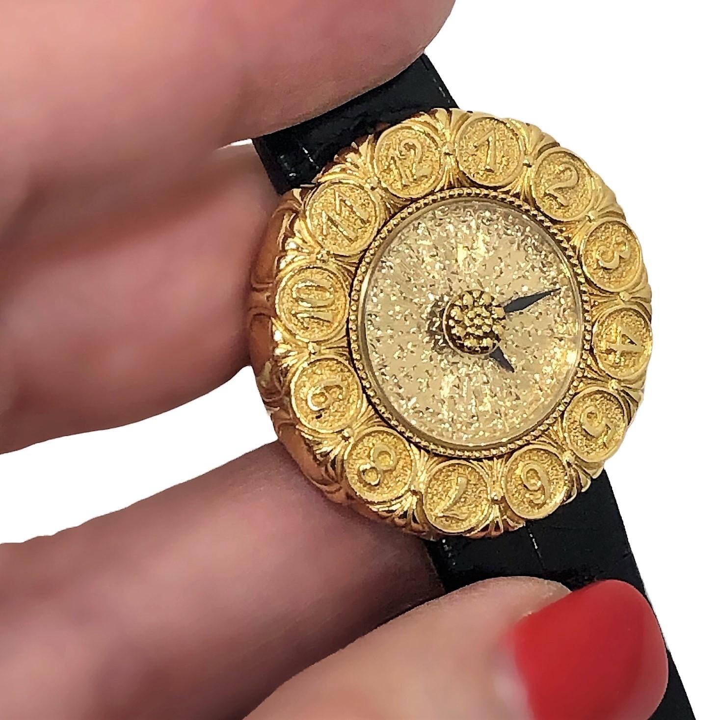 Women's Buccellati 18k Yellow Gold Eliochron Wrist Watch with Black Alligator Strap