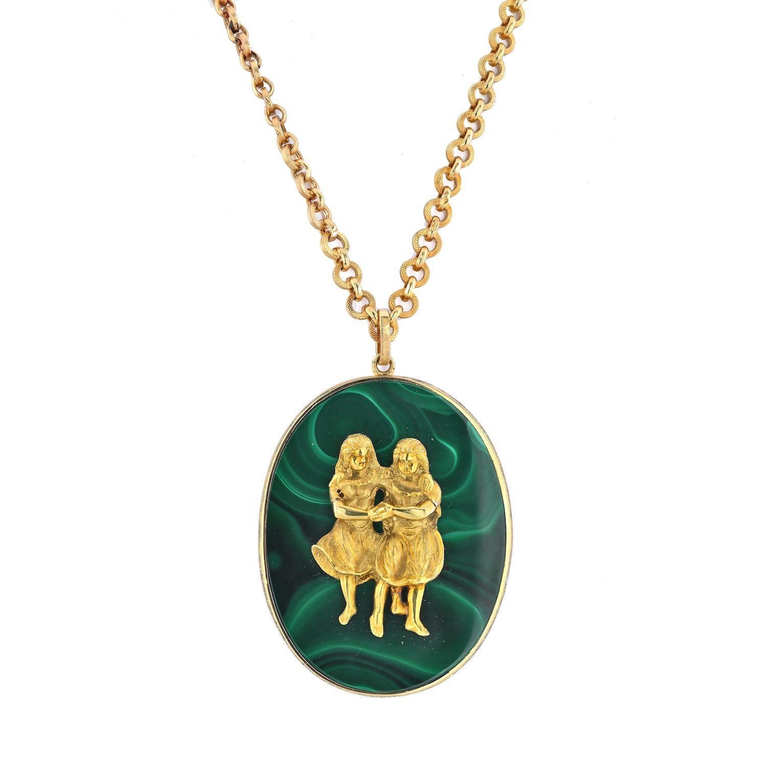 Buccellati 18K Yellow Gold Gemini Malachite Medallion Pendant.
Large 18k gold and malachite Gemini pendant on a long chain, both by Buccellati. Depicting two girls holding hands. The necklace is 25 in long, pendant - 73mm with bale x 48mm. Marked:
