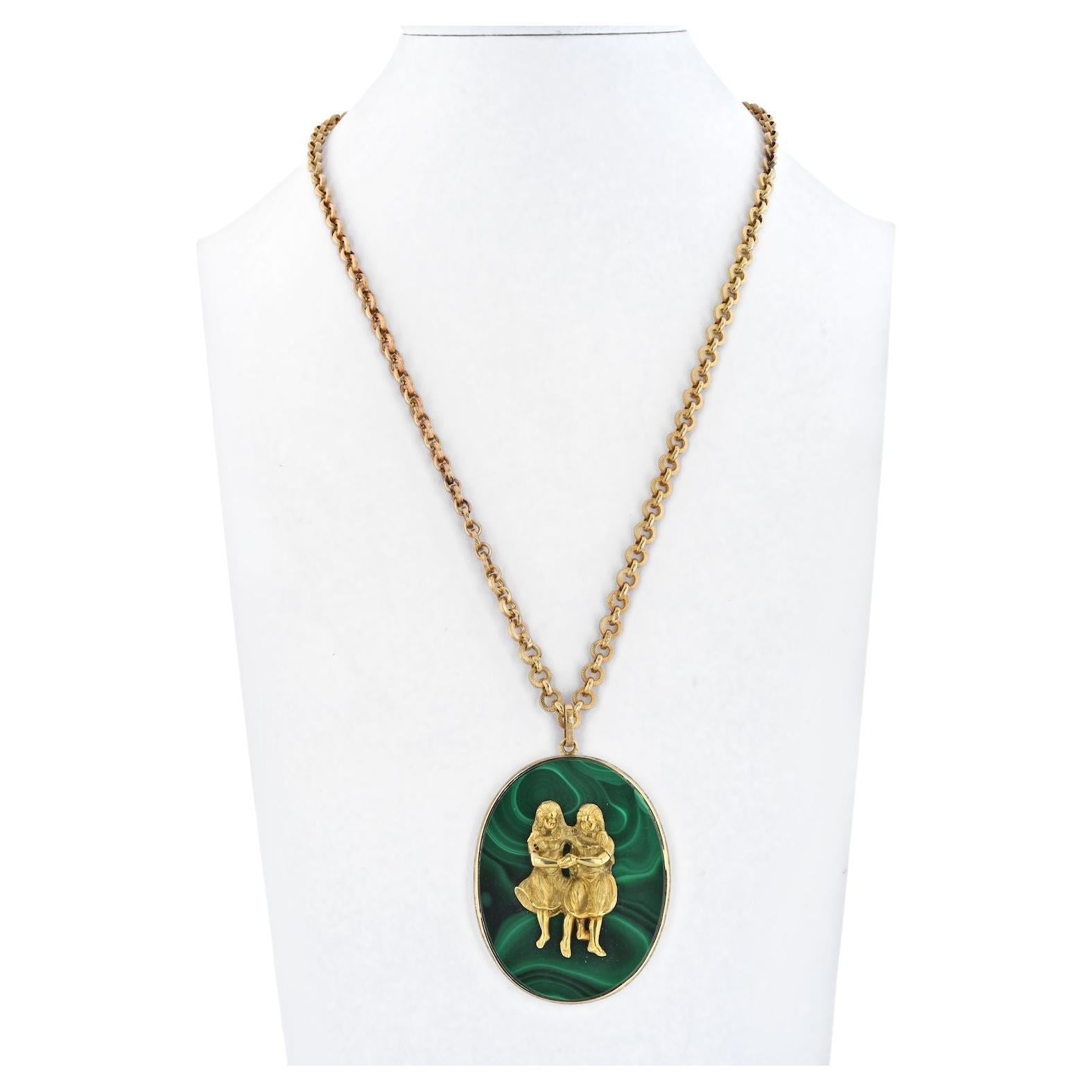 Buccellati 18K Yellow Gold Gemini Malachite Medallion Necklace For Sale