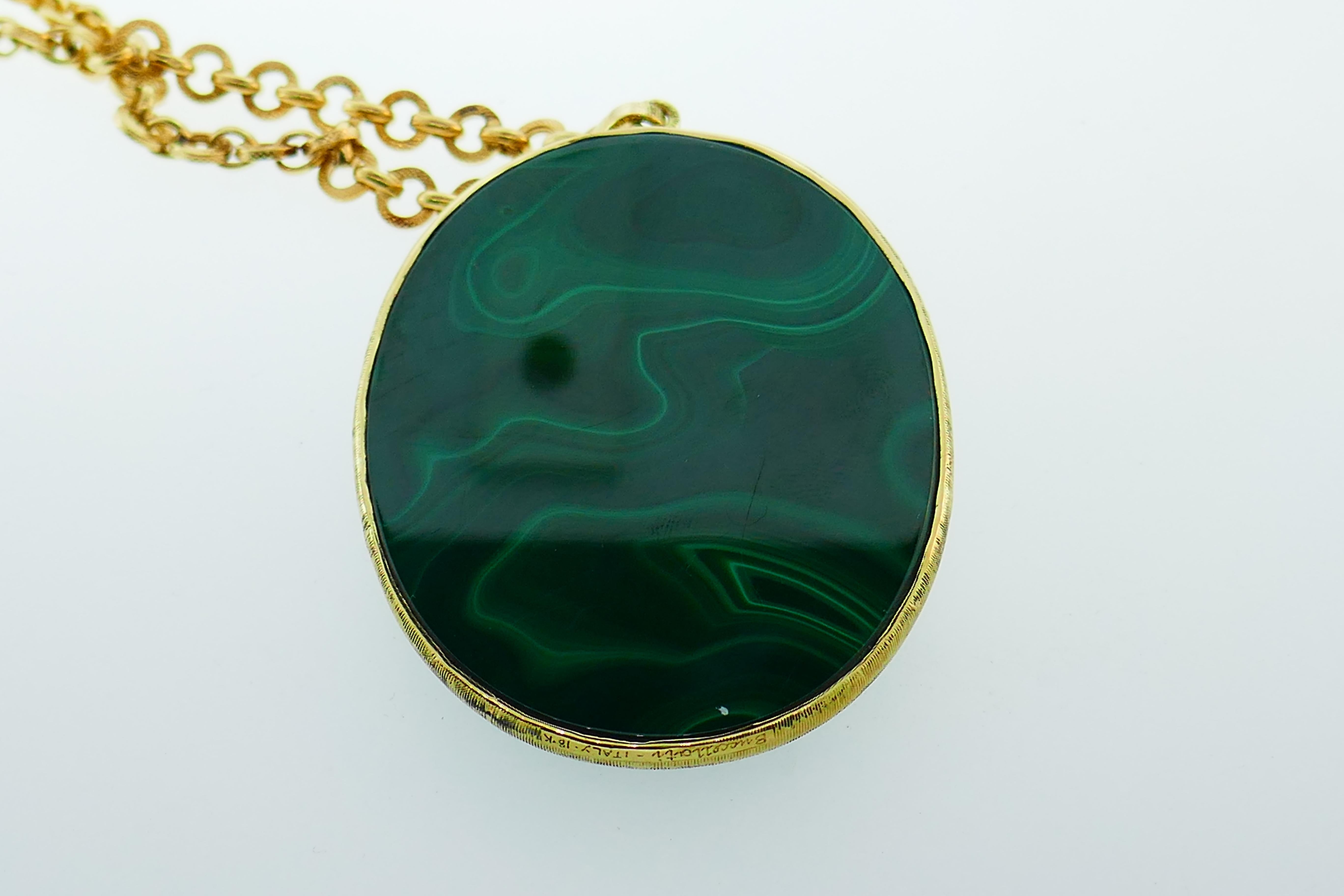 Round Cut Buccellati 18k Yellow Gold & Malachite Gemini Pendant Necklace Vintage C. 1960s