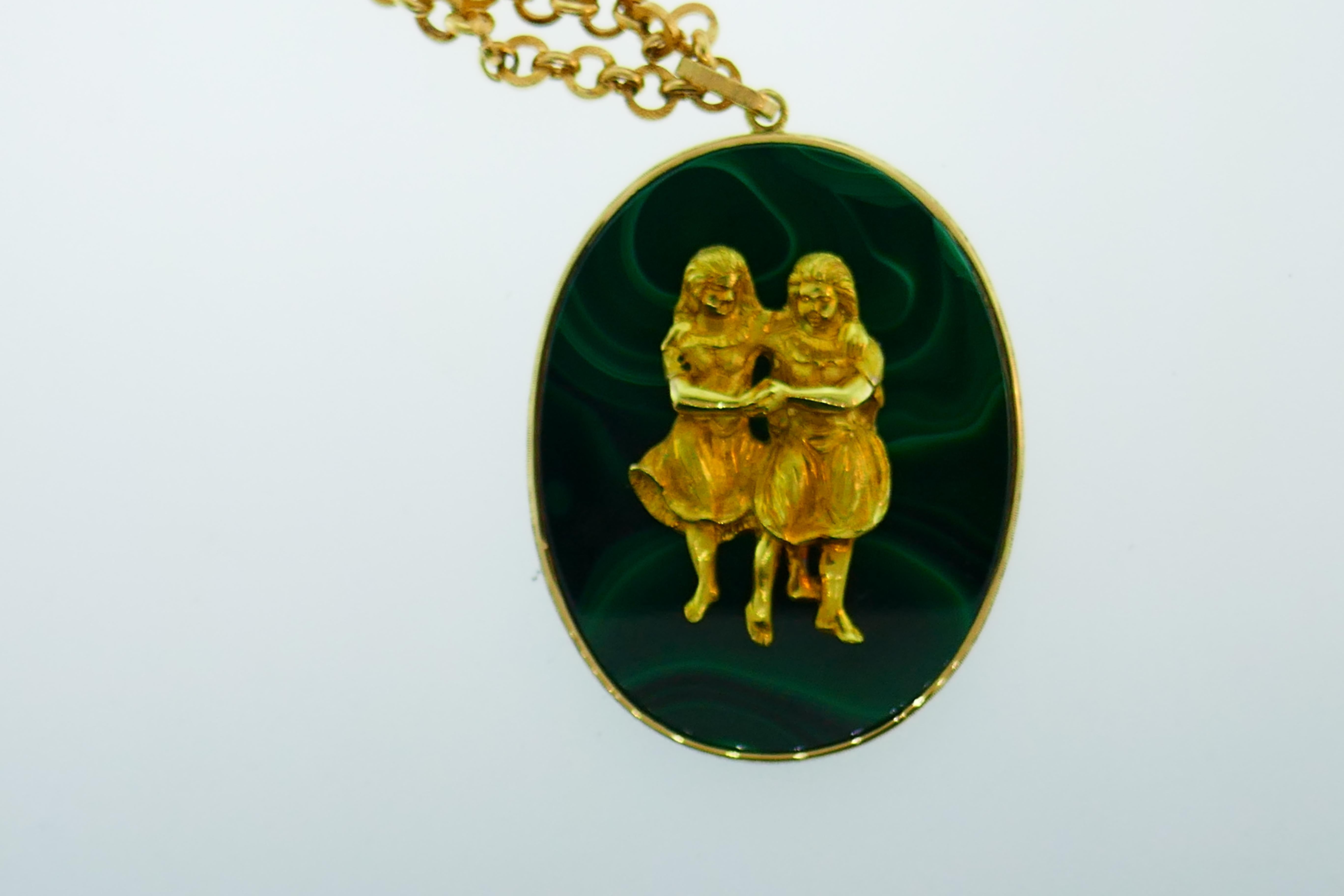 Buccellati 18k Yellow Gold & Malachite Gemini Pendant Necklace Vintage C. 1960s 1