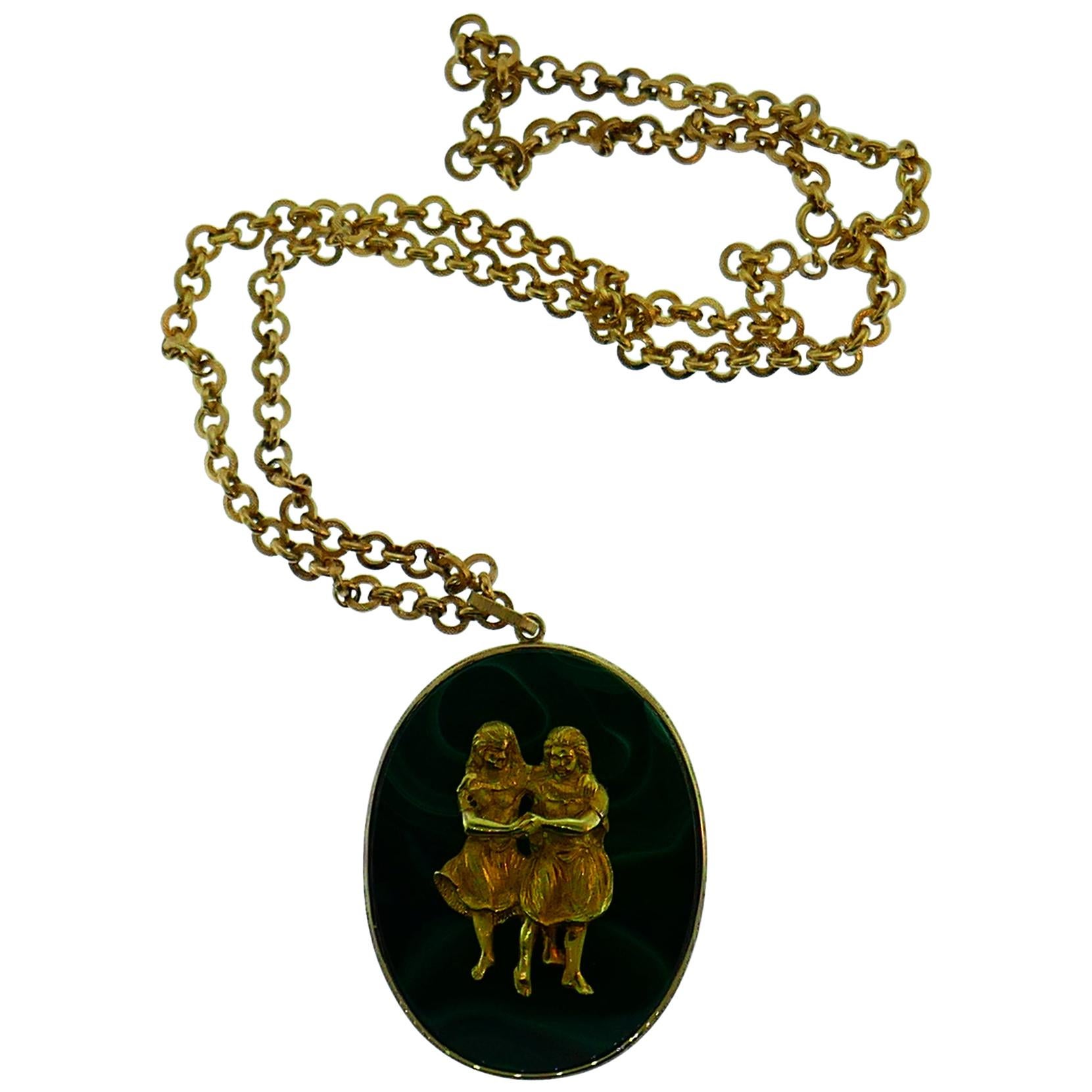 Buccellati 18k Yellow Gold & Malachite Gemini Pendant Necklace Vintage C. 1960s
