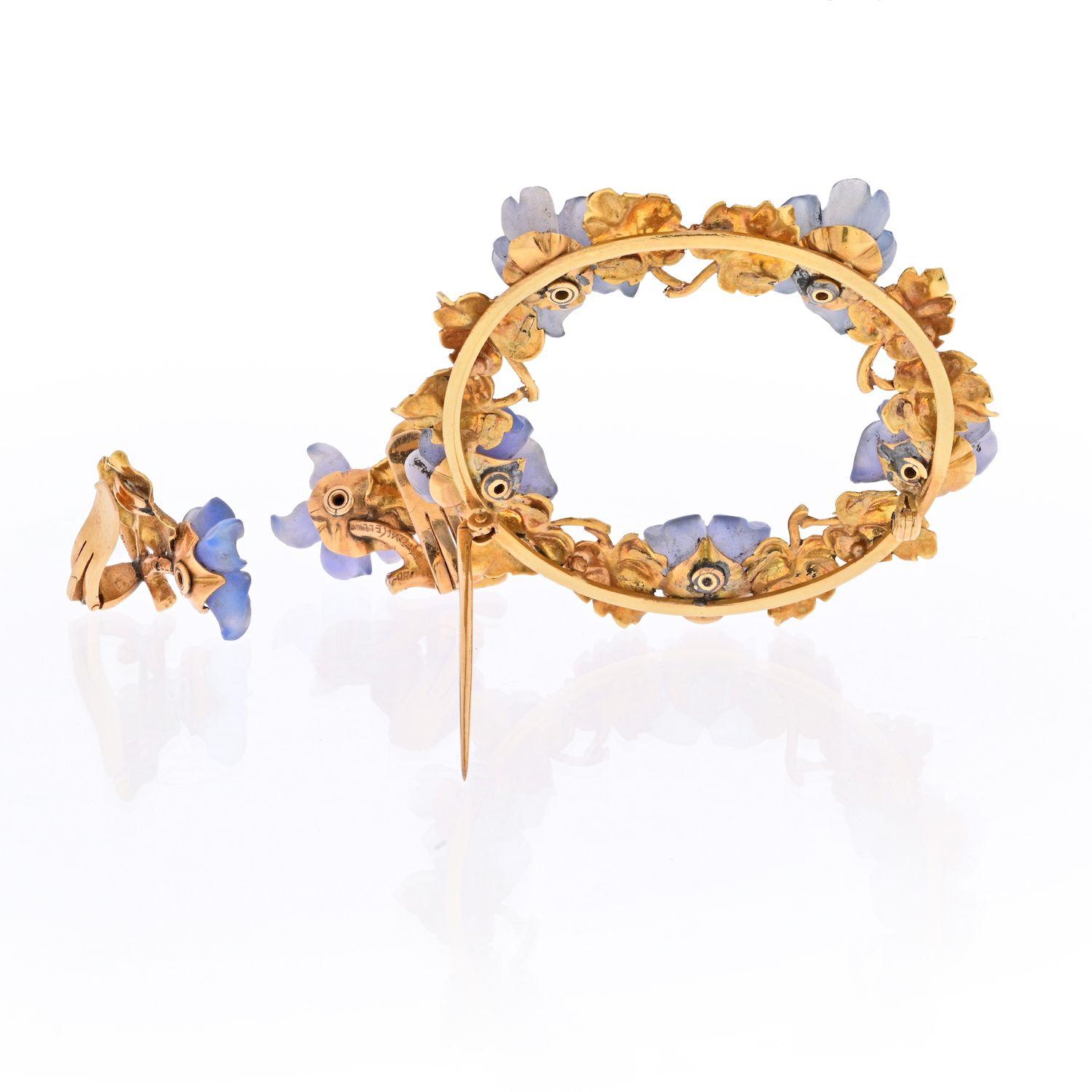 Buccellati Ensemble broche couronne et boucles d'oreilles à fleurs rondes en or jaune 18 carats Pour femmes en vente