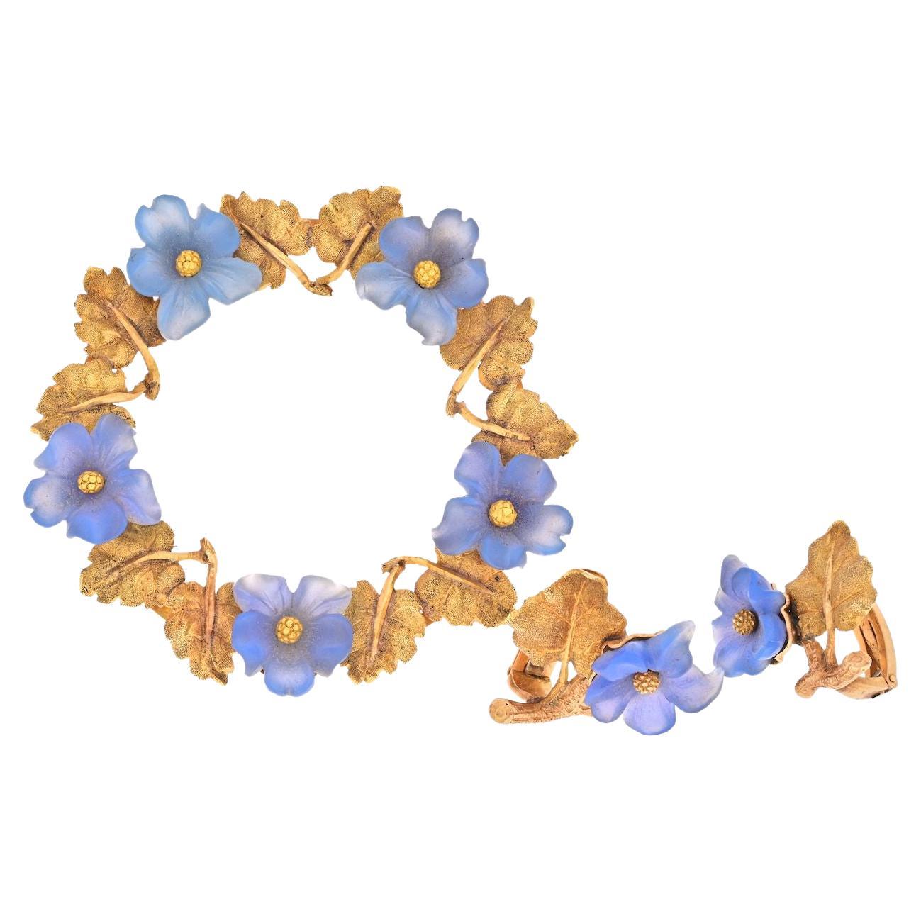 Buccellati Ensemble broche couronne et boucles d'oreilles à fleurs rondes en or jaune 18 carats en vente