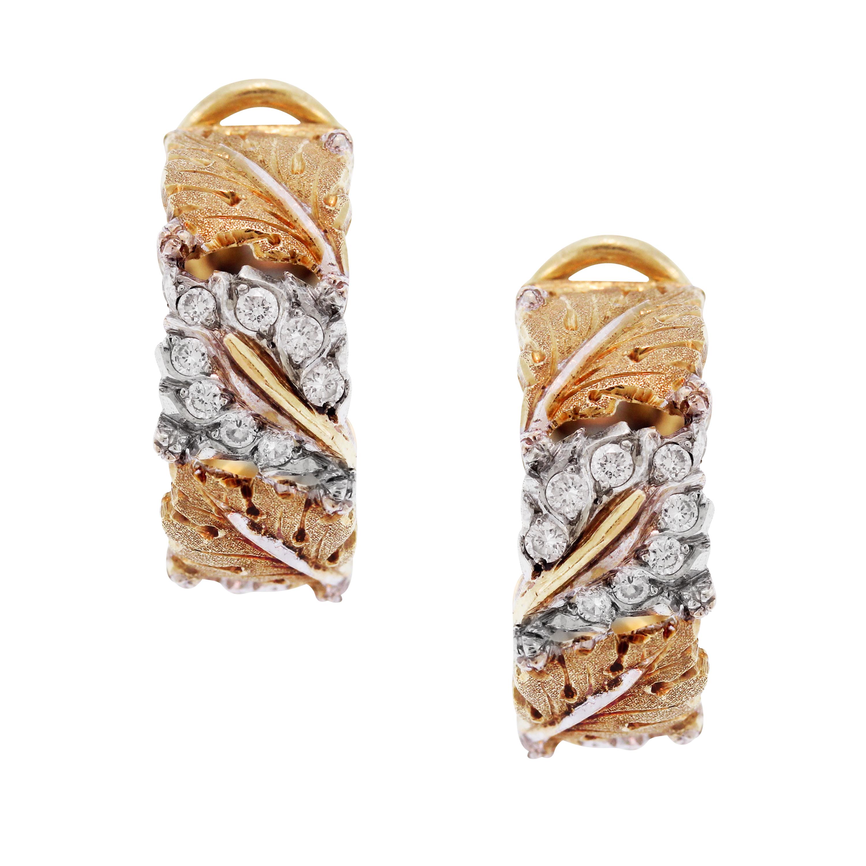 Buccellati 18K Yellow White Gold Diamond Floral Hoop Earrings

This stunning pair of earrings by world renowned designer, Buccellati feature incredible workmanship and beautifully done floral design

0.32 carat G color, VS clarity white