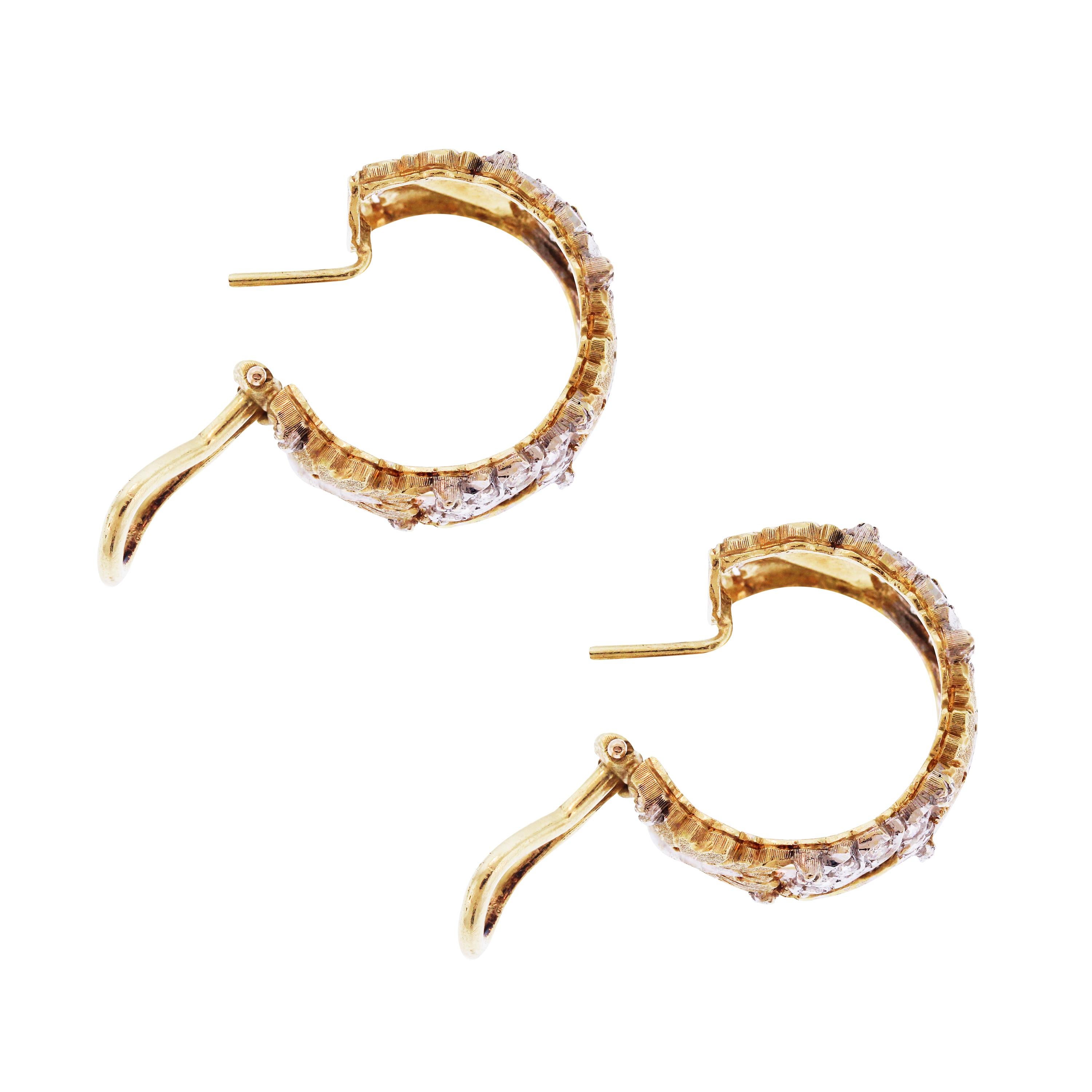 Round Cut Buccellati 18 Karat Yellow White Gold Diamond Floral Hoop Earrings