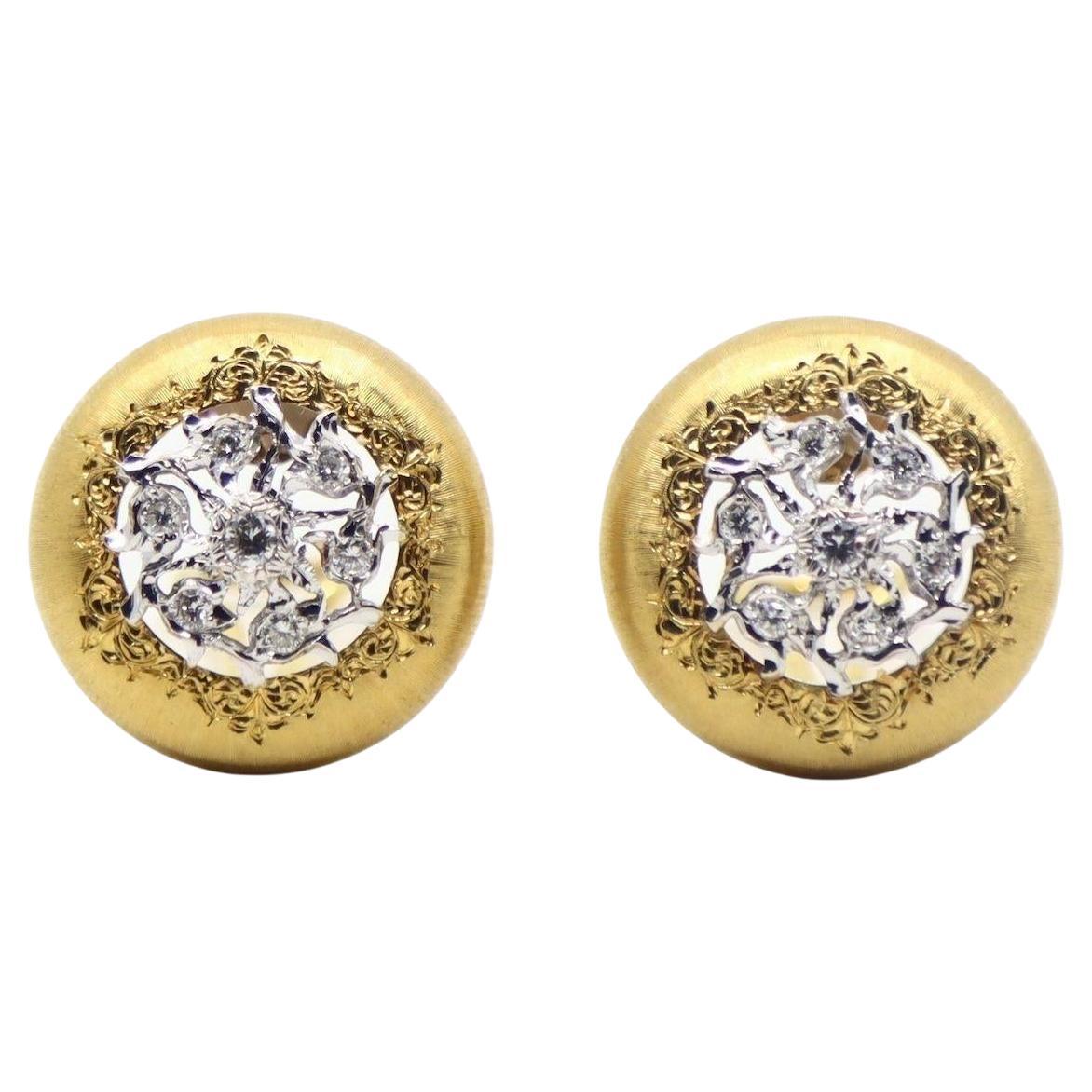 Buccellati 18K Yellow & White Gold Diamond Rigato Satin Finish Button Earrings