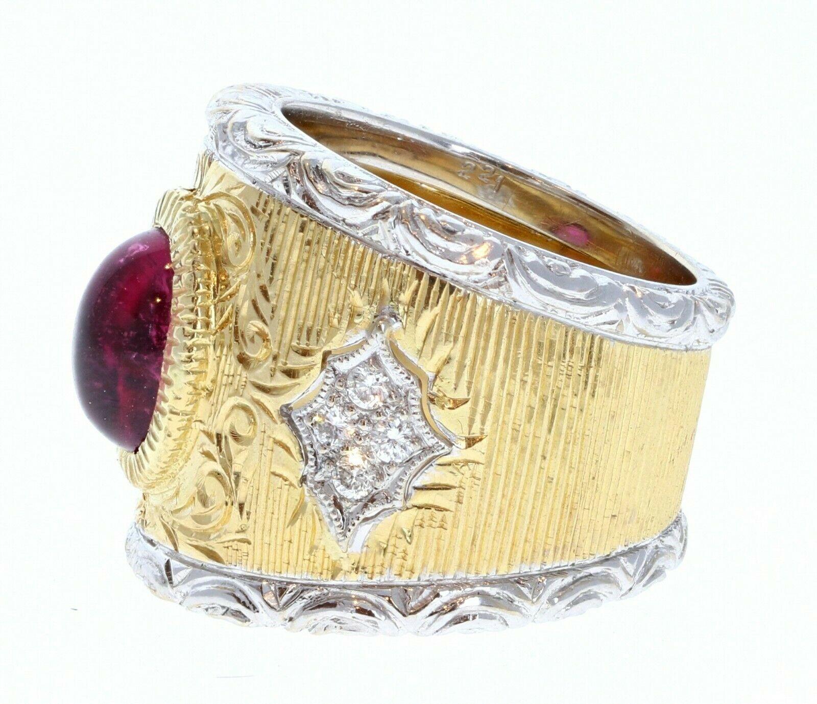 Buccellati 18k Yellow & White Gold Pink Cabochon Tourmaline Diamond Ring 



Beautiful Buccellati 18k white and yellow gold diamond and tourmaline ring 

Very elegant for everyday wear !! 

100% NATURAL 

Size 6.75

Weight 15.8 grams

Ring