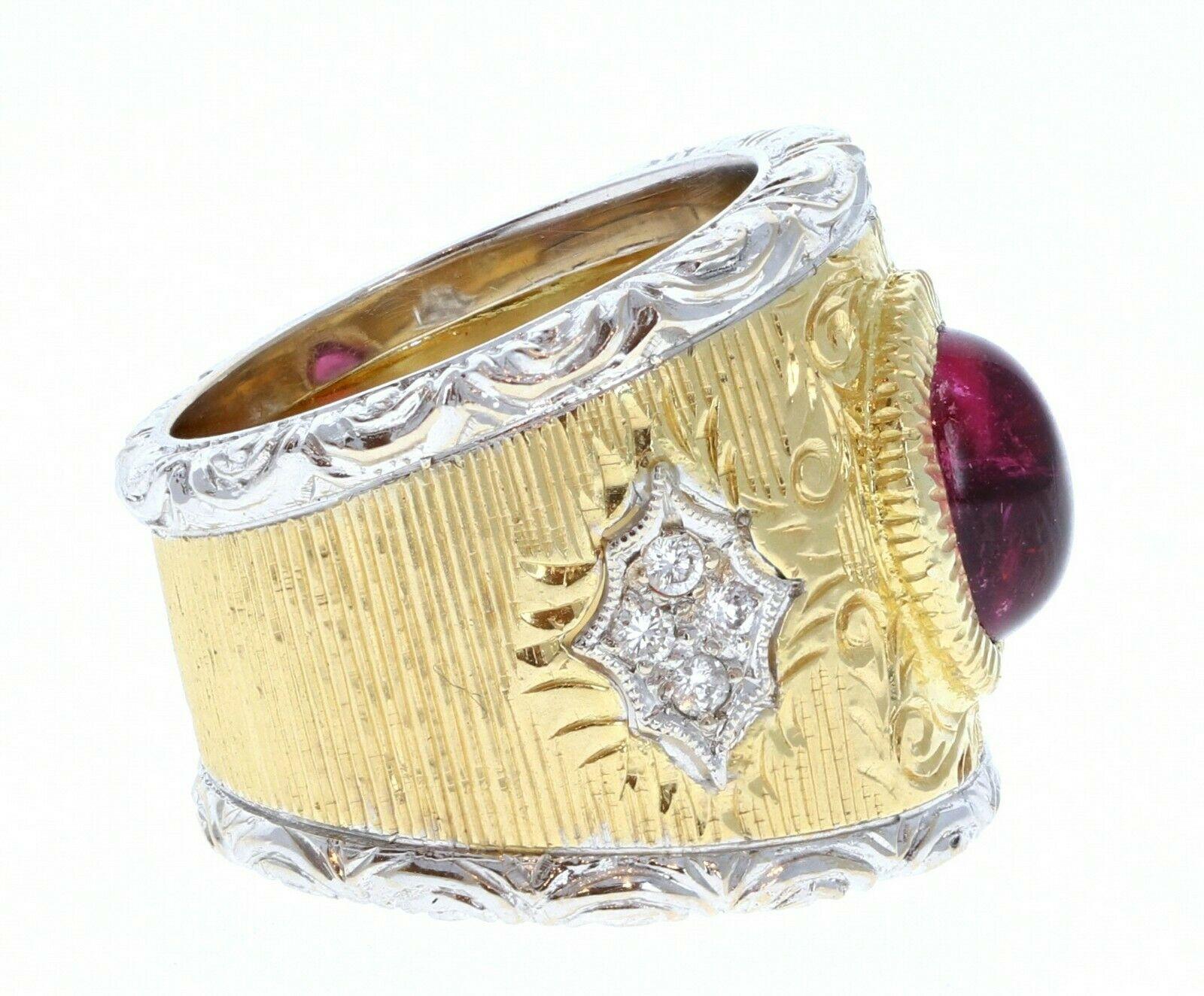 Oval Cut Buccellati 18k Yellow & White Gold Pink Cabochon Tourmaline Diamond Ring 15.8g For Sale